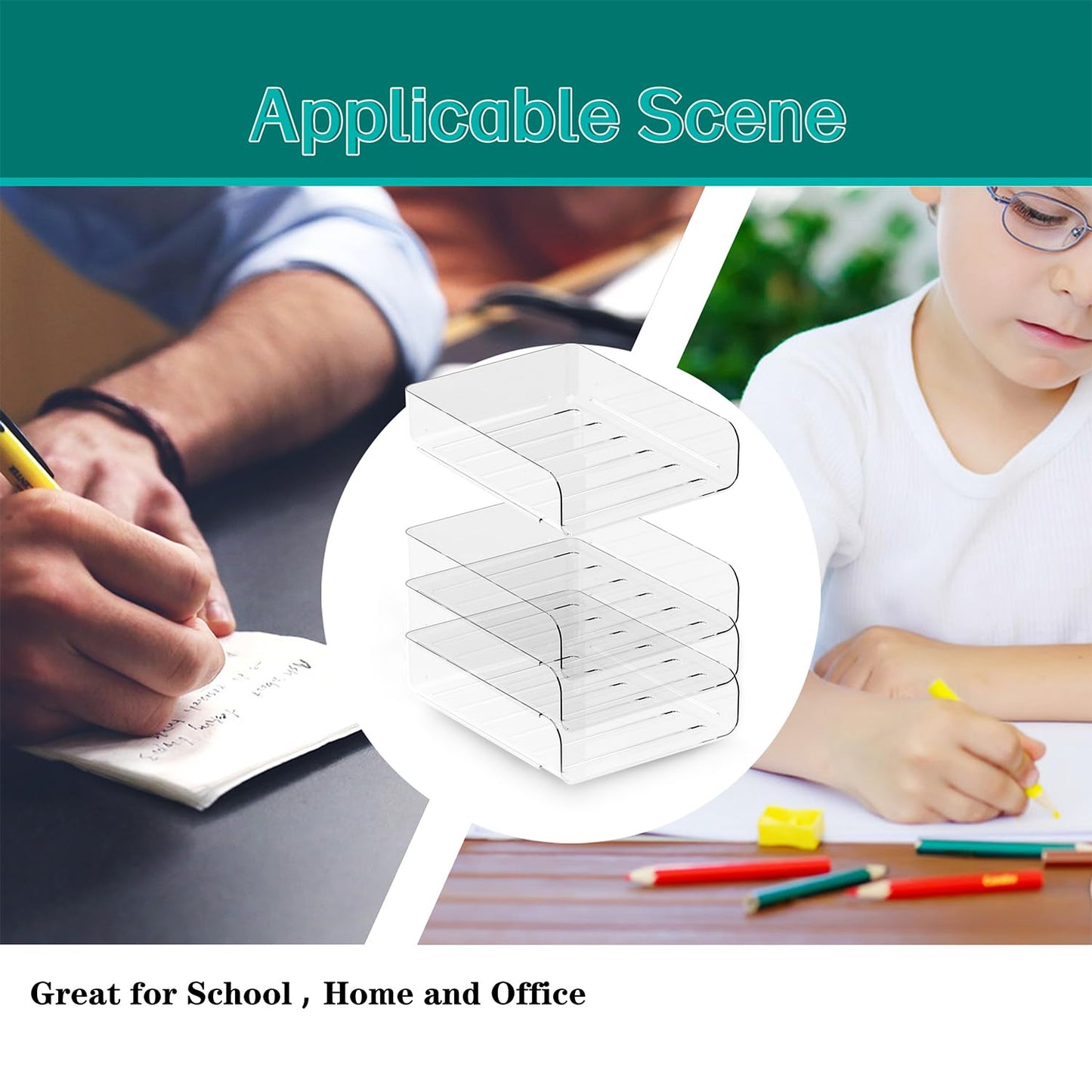(4pcs Pack) HKeeper Stackable Paper Trays,Letter Tray Organizer,Office Desktop Organizer,A4 Paper Holder,Supplies Magazine,File Documents,Receipts(Clear,Regular)