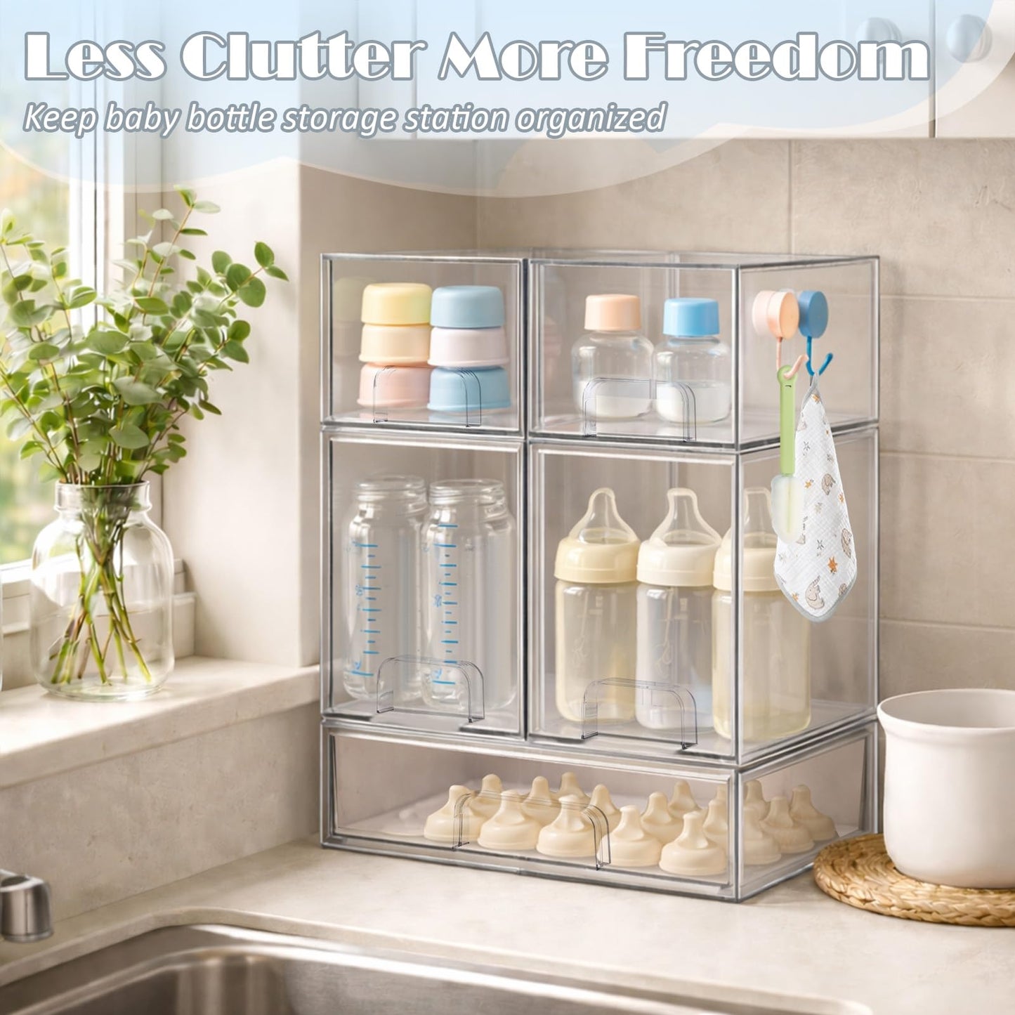 zebrater Baby Bottle Organizer-5 Pack Stackable Storage Drawers, Baby Organizers and Storage with Hooks, Clear Acrylic Multipurpose Bottle Storage for Countertop,Kitchen,Cabinet,Vanity,Bathroom