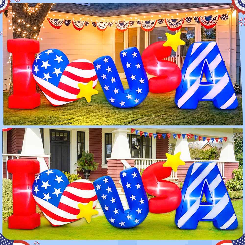 8FT Patriotic Independence Day 4th of July Inflatable Outdoor Decoration, Inflatables ILOVEUSA Decor, Built in LED Lights Blow Up Fourth of July Decor for Holiday Party Garden Yard Lawn