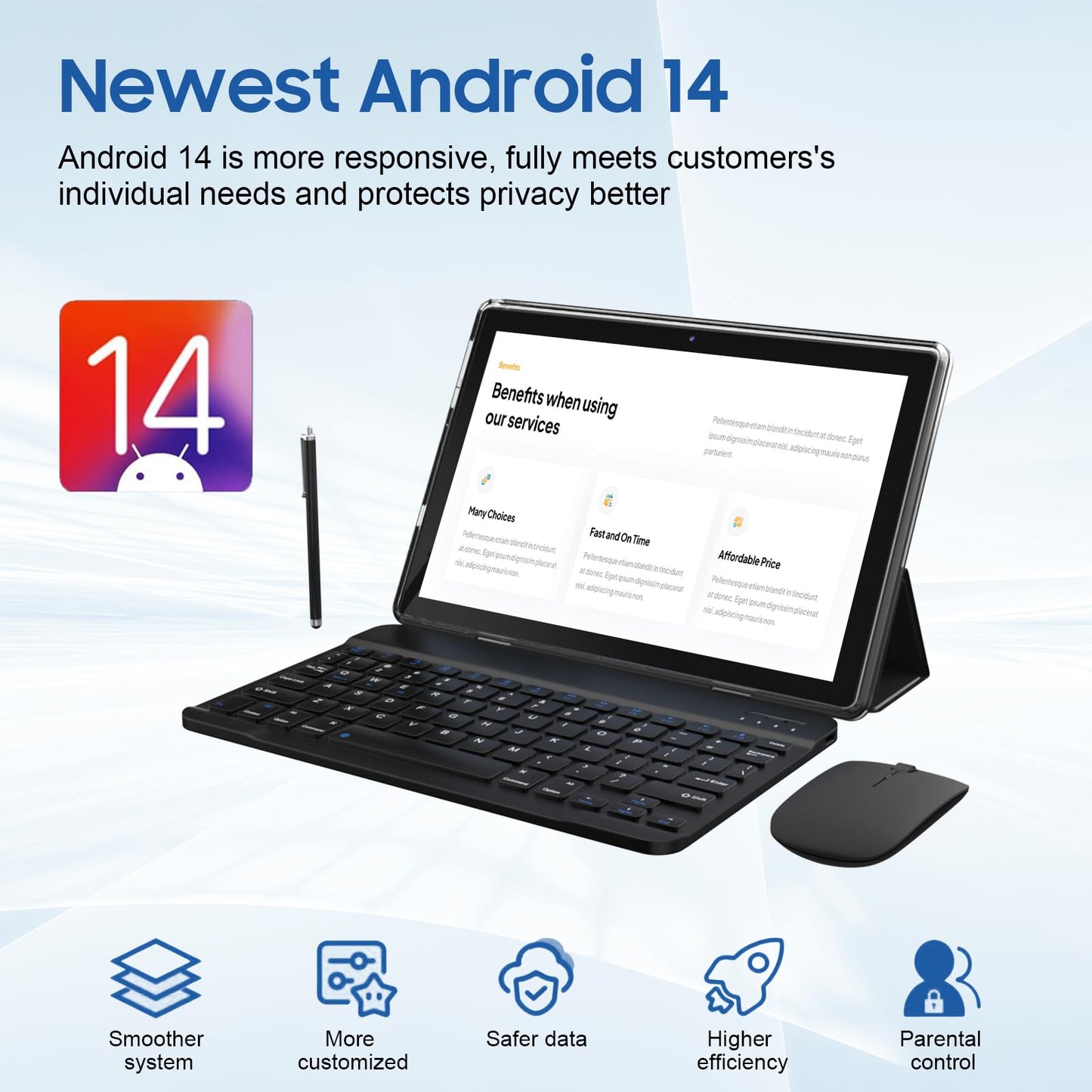 2 in 1 10GB+64GB Tablet 10.1 inch Android 14 Tablet Set Tablets with Keyboard Case wireless Mouse Stylus Screen Flim 10.1 IN 1280*800 HD Touch Screen 8MP Dual Camera Games Tab Wi-Fi BT Tableta PC