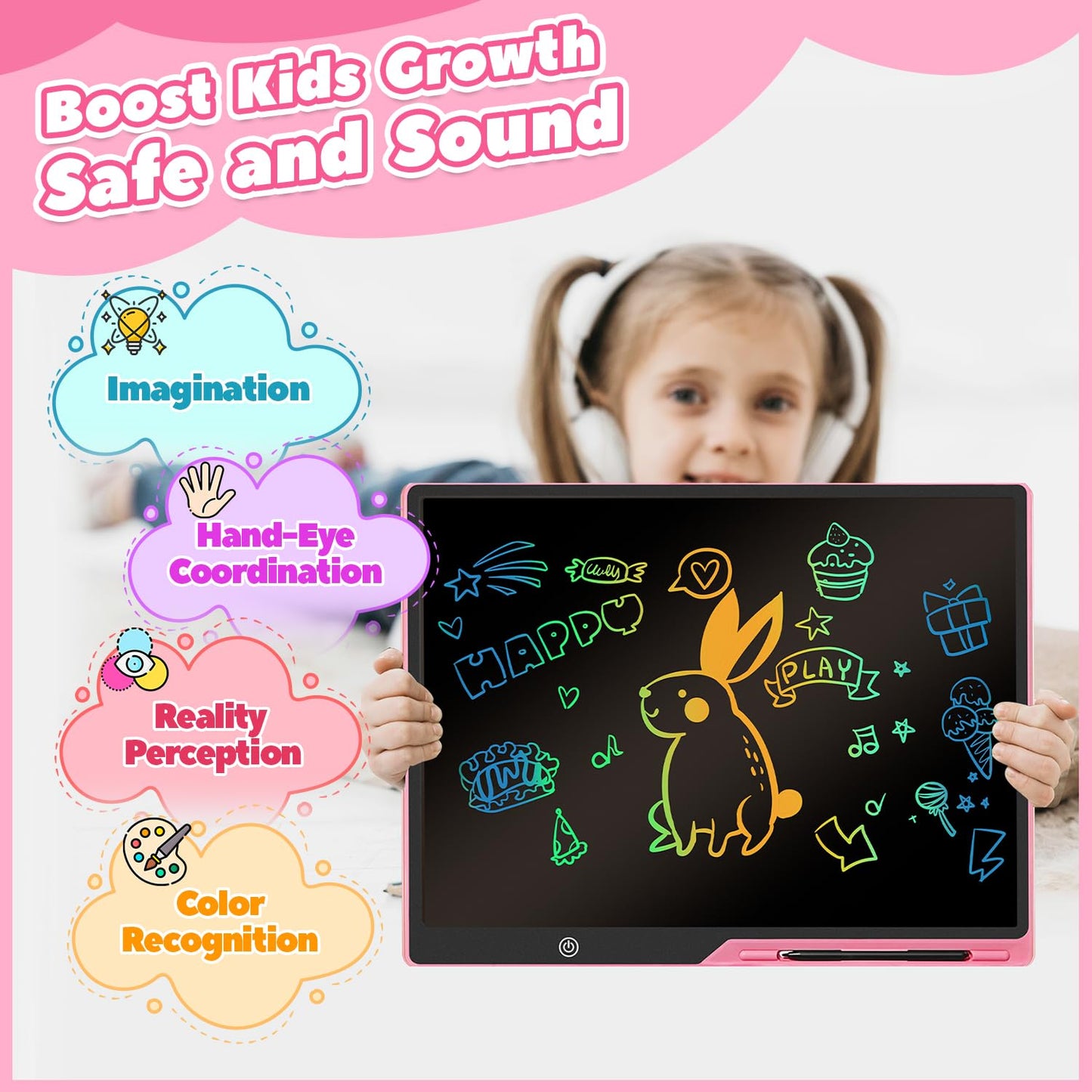 Kinayue LCD Writing Tablet for Kids, Rechargeable Doodle Board,Easter Basket Stuffers,Preschool Learning Toys Christmas Birthday Gift 3 4 5 6 7 Year Old Girls Boys (Pink, 21 Inch)