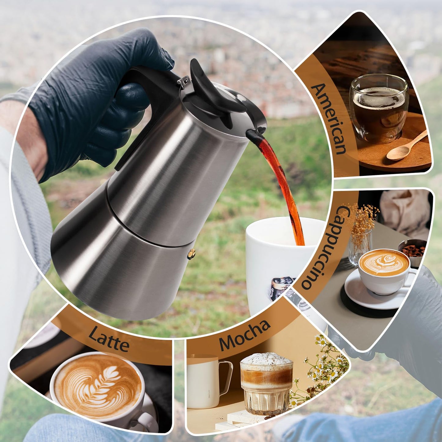 Vaolvpant Electric Stainless Steel Moka Pot 6 Cup 300ml Mocha Pot Espresso Maker with Detachable Base Ideal Coffee Maker for Home Italian and Cuban Café Coffeemaker Espressomaker Coffee Pot