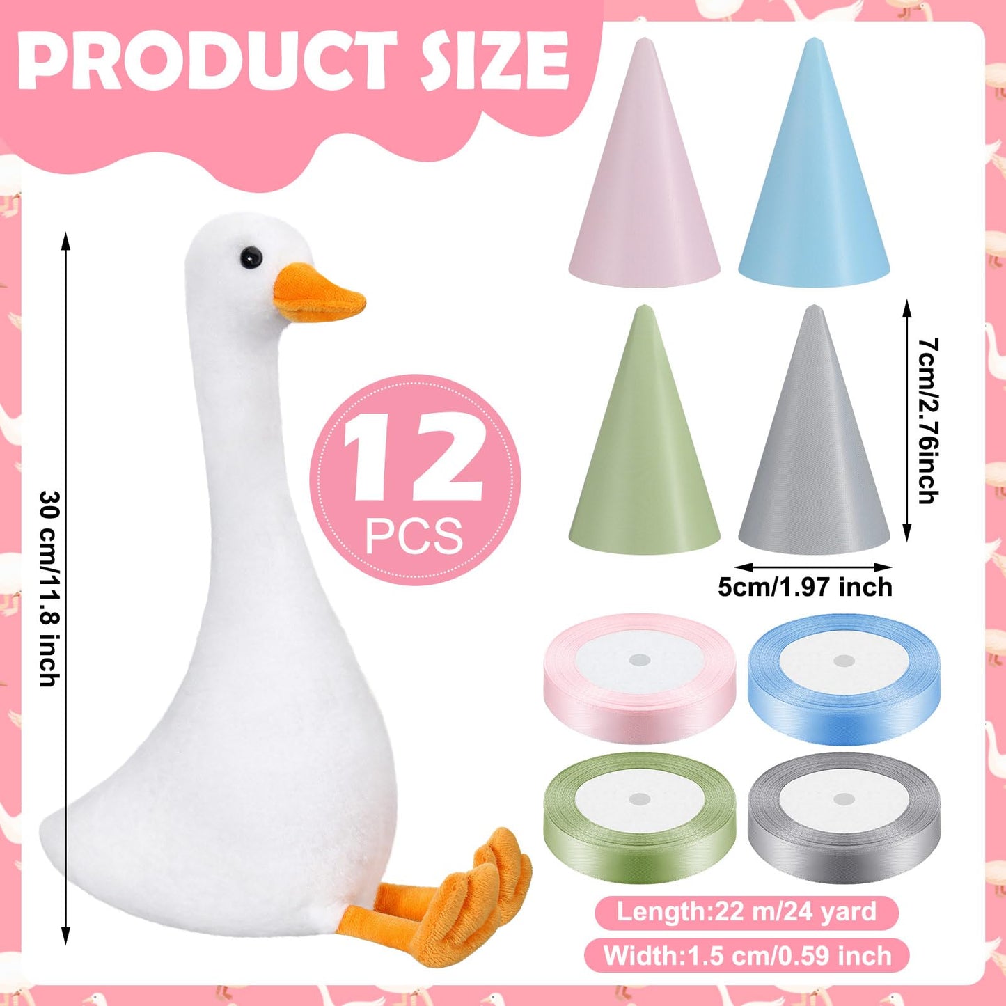 Blueweenly 12 Sets 11.8 Inch One Silly Goose Plush Party Favor, Birthday Decor for Girl Boy Stuffed Goose Animals with Hats and Ribbons(Cuddly Style)