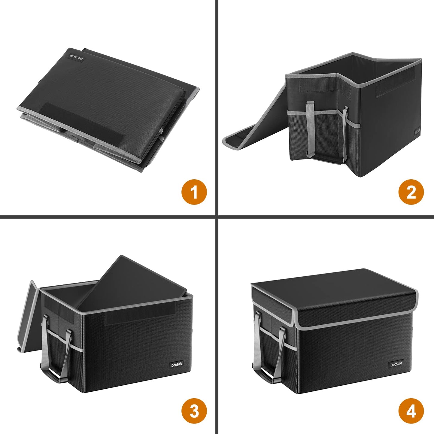 DocSafe File Box Fireproof File Storage Organizer with Lid,Collapsible Document Storage Filing Case for Hanging Letter/Legal Folders,Portable Home Office Safe Cabinet with Handle,Black,2 Pack