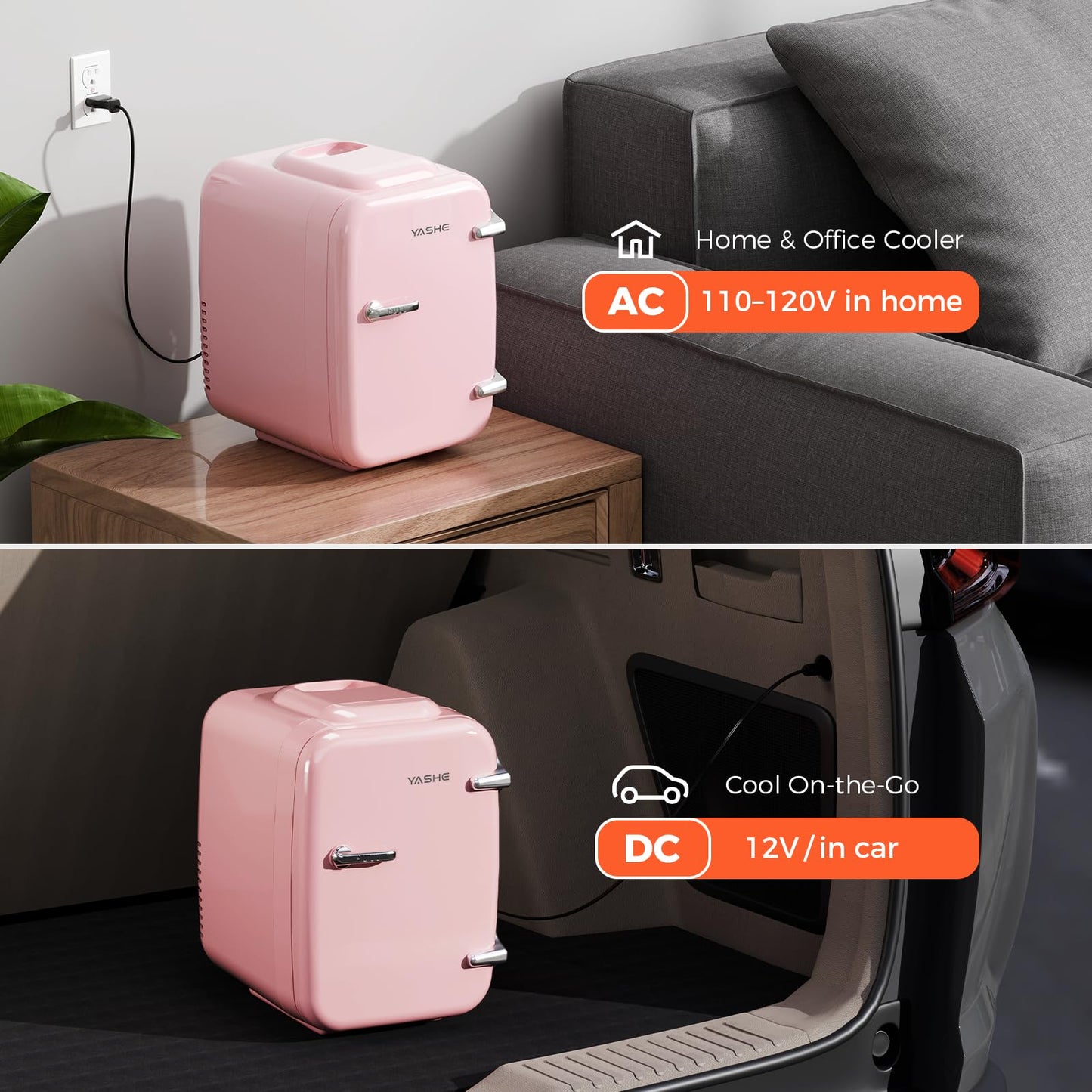 YASHE Mini Fridge, 4 Liter/6 Can Mini Makeup Fridge, 110V AC/ 12V DC Portable Thermoelectric Cooler&Warmer for Skincare, Drink, Cosmetic, Medicine, Small fridge for Bedroom, Office, Dorm, Car, Pink