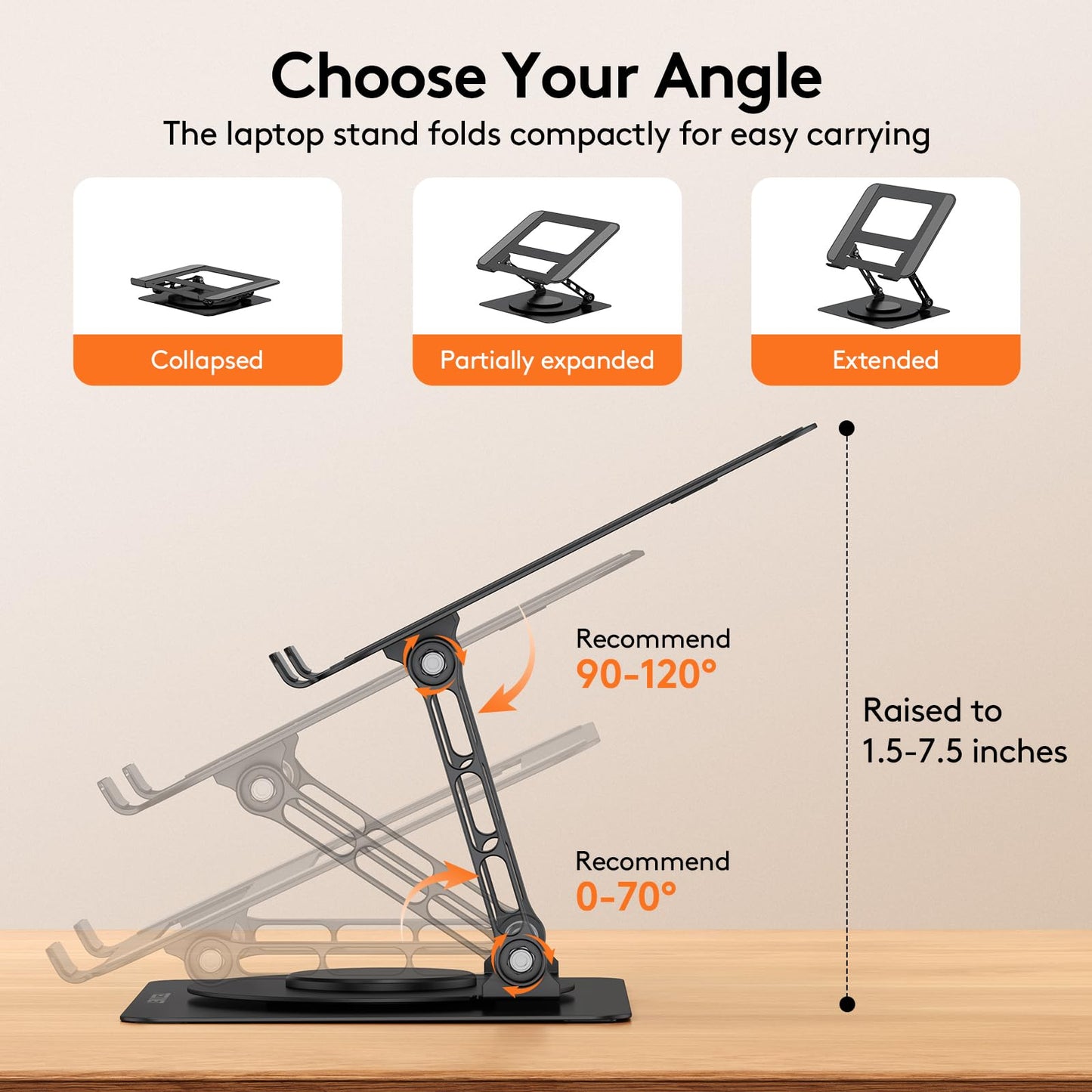 TECKNET Laptop Stand for Desk - 360° Rotating Base, Ergonomic Foldable Computer Stand for Laptop Riser, Height Adjustable, Compatible with MacBook Pro, Dell XPS, HP, and All Laptops 10-17" (Black)