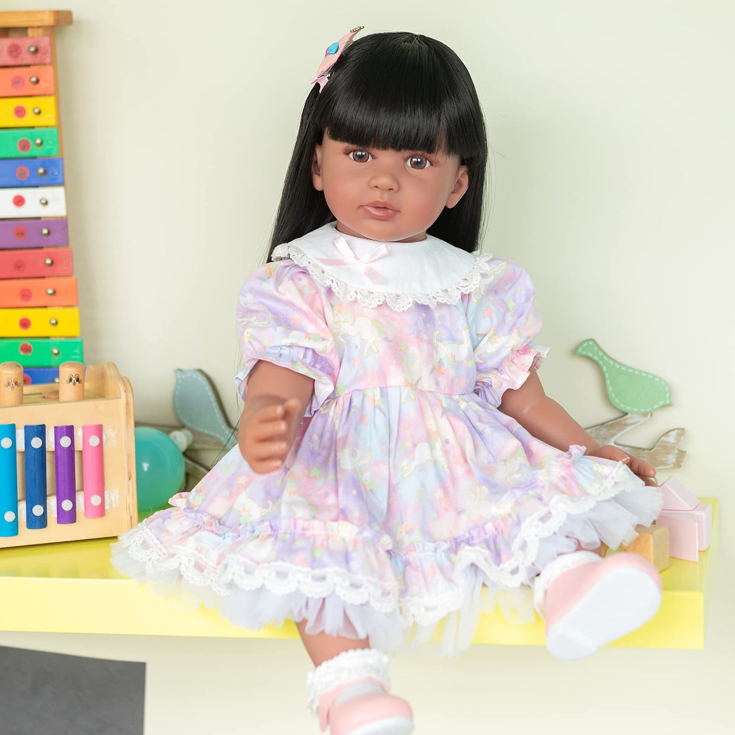 KOKOMANDY Lifelike African American Reborn Baby Dolls Black Girl 24 inches Toddler Doll Handamde Realistic Silicone Reborn Doll Weighted Body with Long Black Hair Toys for Kids