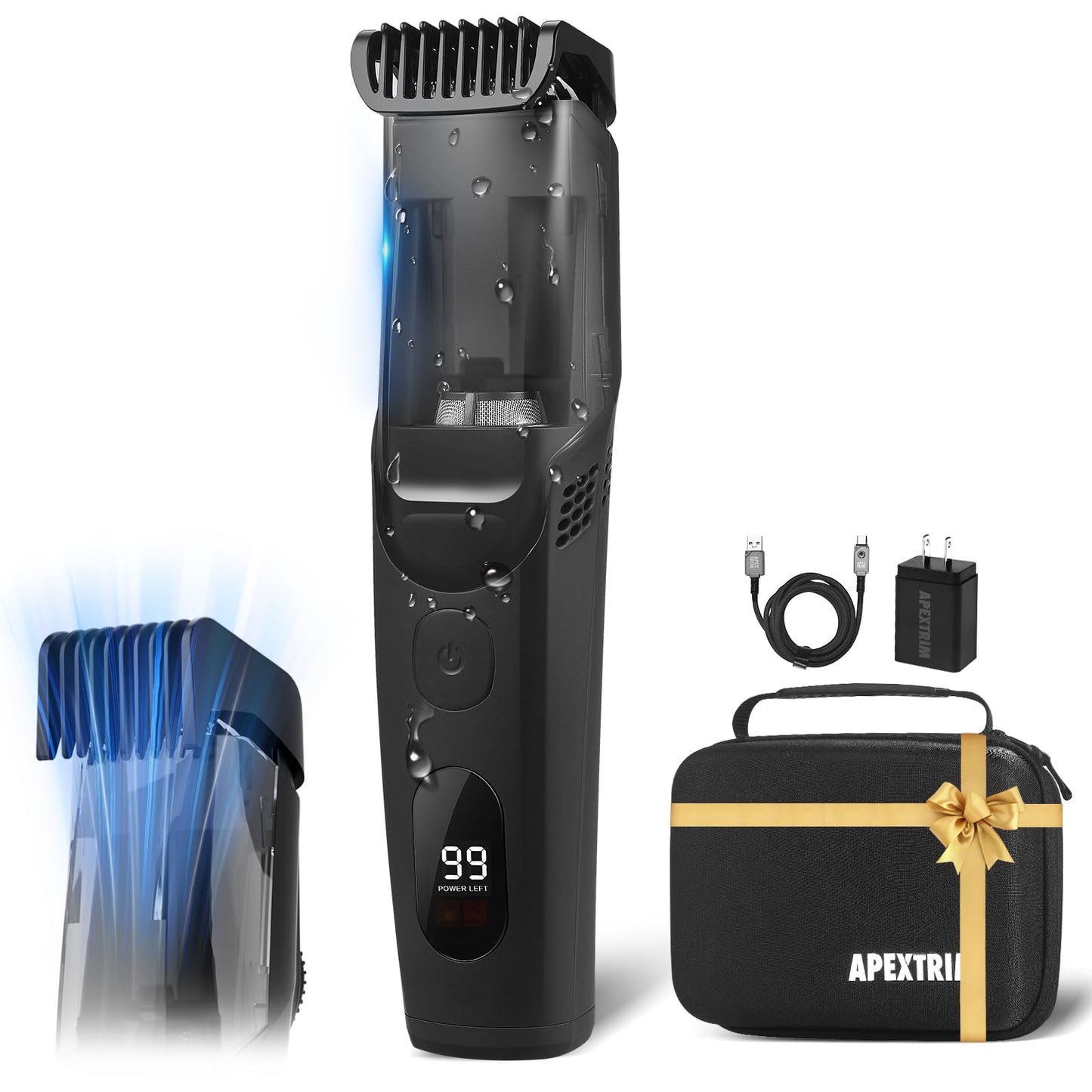 ATVOXIS Vacuum Beard Trimmer for Men Rechargeable, IPX6 Waterproof Mustache Trimmer with Adjustable Length Combs (1/25’’-4/5’’), Men’s Electric Stubble Trimmer, Cordless with Built-in Vacuum (Black)