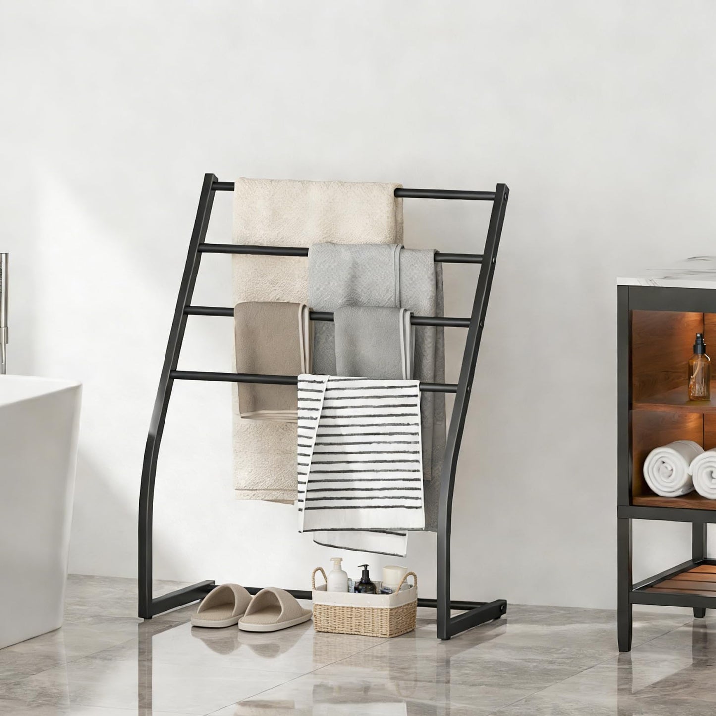 Honiter Towel Drying Rack for Bathroom, Free Standing Towel Rack, 4 Tier Wide Towel Dryer Rack, Pool Towel Racks Outdoor, Blanket Ladder Holder, Metal Towel Bar Stand for Oversized Bath Towel