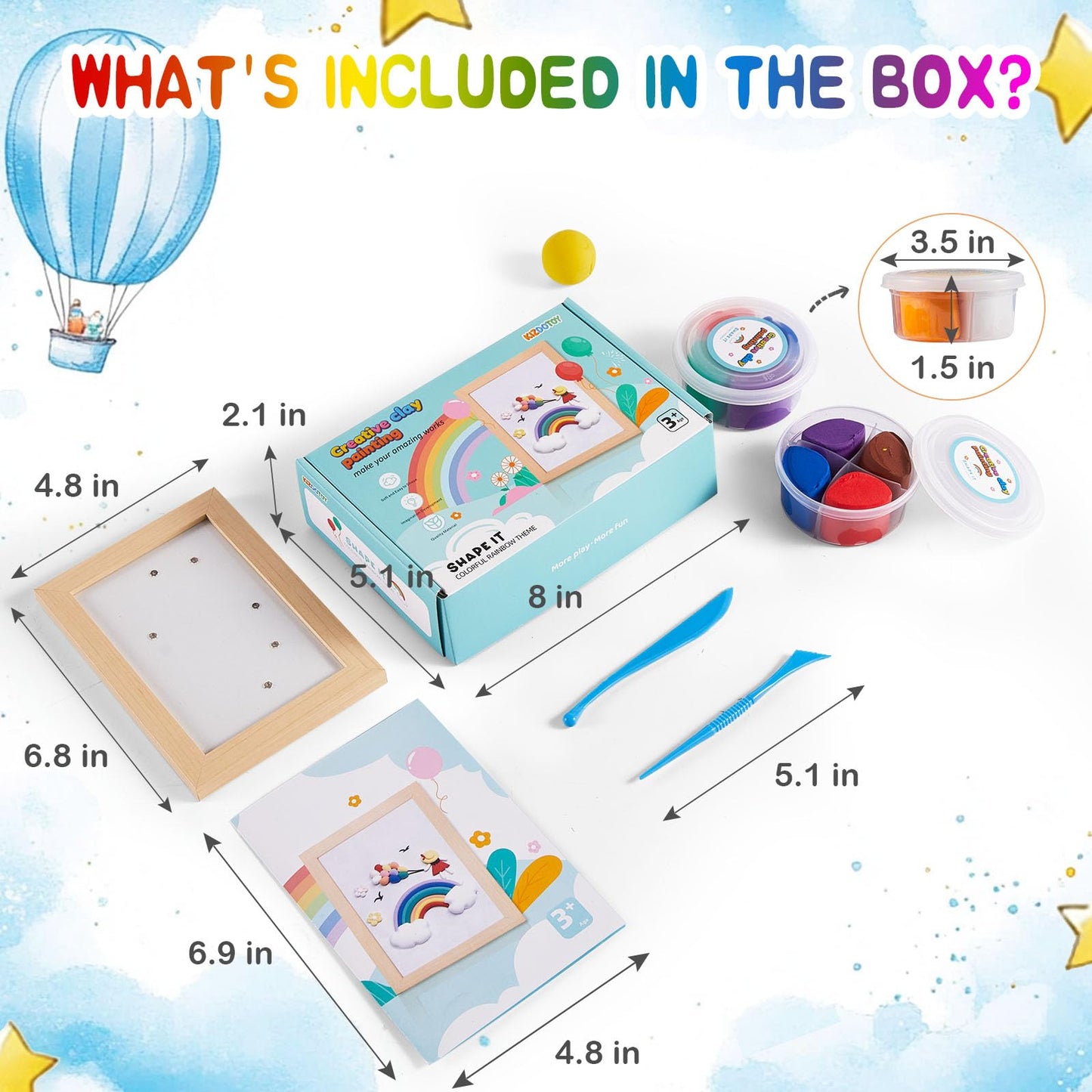 KizDoToy DIY Picture Frame Clay Art Kit for Kids - Rainbow Theme Air Dry Clay Set with Wooden Frame, Tools & Tutorial Cards, Creative Arts and Crafts Gift Set for Children Ages 3+