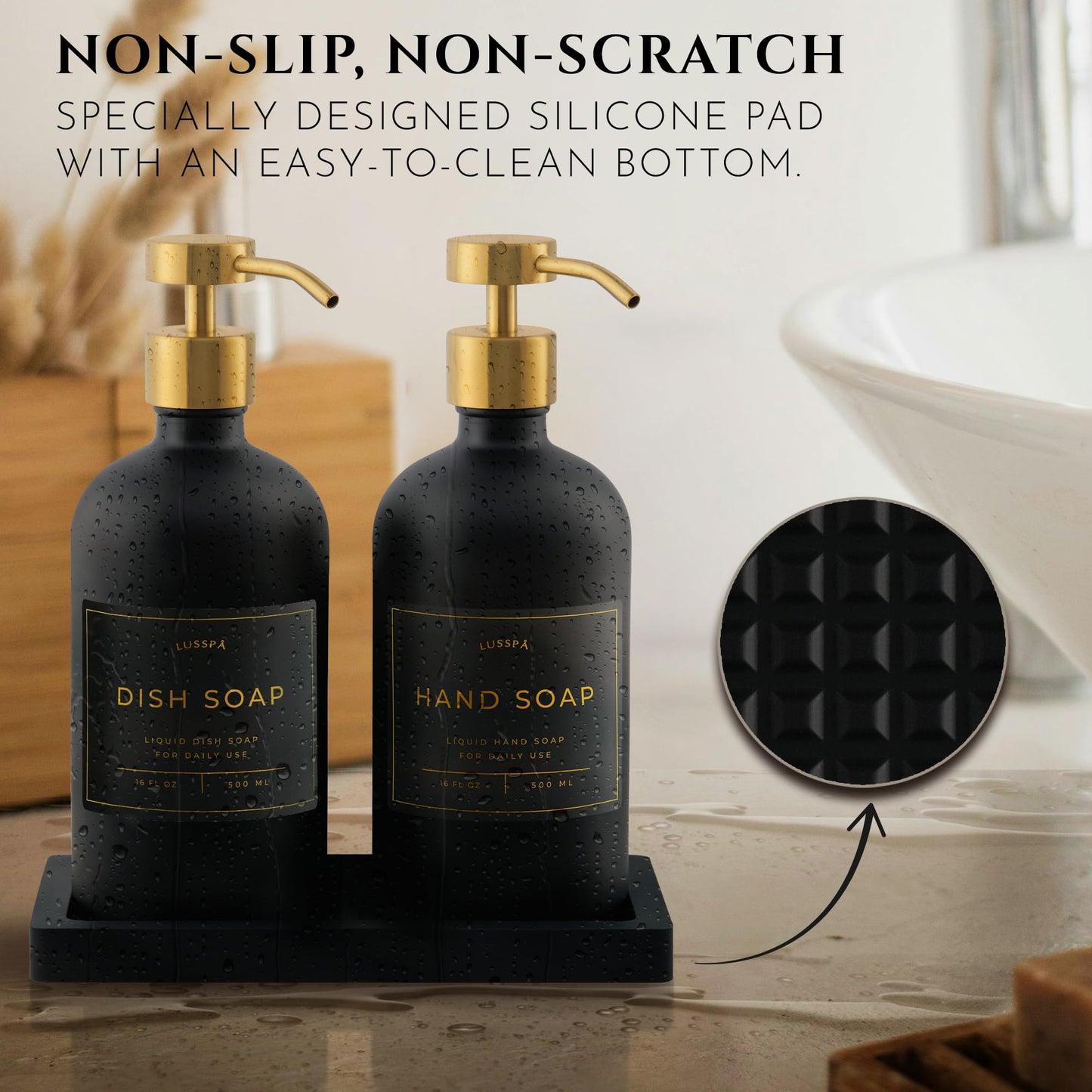 Glass Soap Dispenser Set of 2 (Black) with Silicone Tray | Hand and Dish Soap Dispenser for Kitchen and Bathroom | 16.8 Oz Glass Bottles with Stainless Steel Pump & 15 Waterproof Labels (Black/Gold)