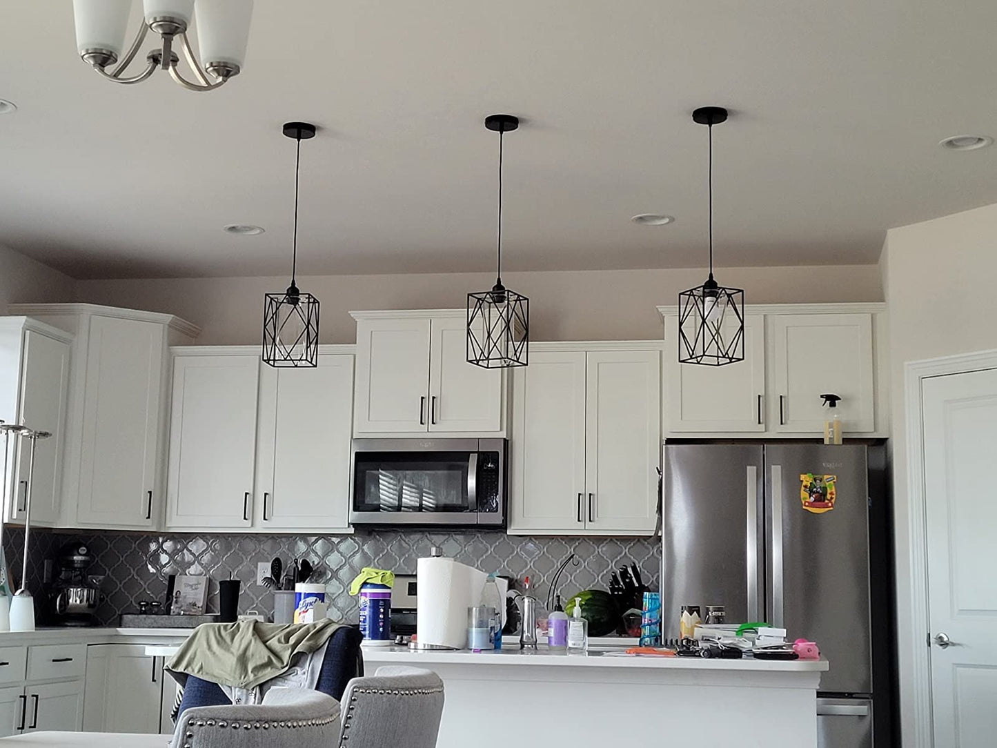 HMVPL Farmhouse Pendant Light Fixtures, Set of 2 Black Farmhouse Hanging Chandelier Lights with Glass Shade, Mini Industrial Ceiling Lamp for Kitchen Island Dining Room Over Sink Hallway Bedroom