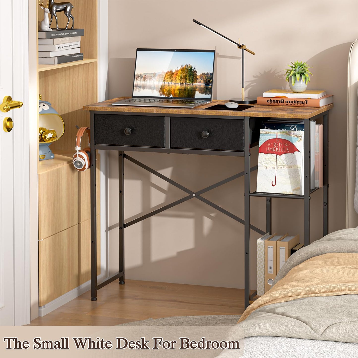 DAOUTIME Small Computer Desk, 36 Inch Writing Desk with Drawers & Storage Shelves, Home Office Writing Desk for Small Spaces, Bedroom, Living Room, Dorm, Rustic Brown