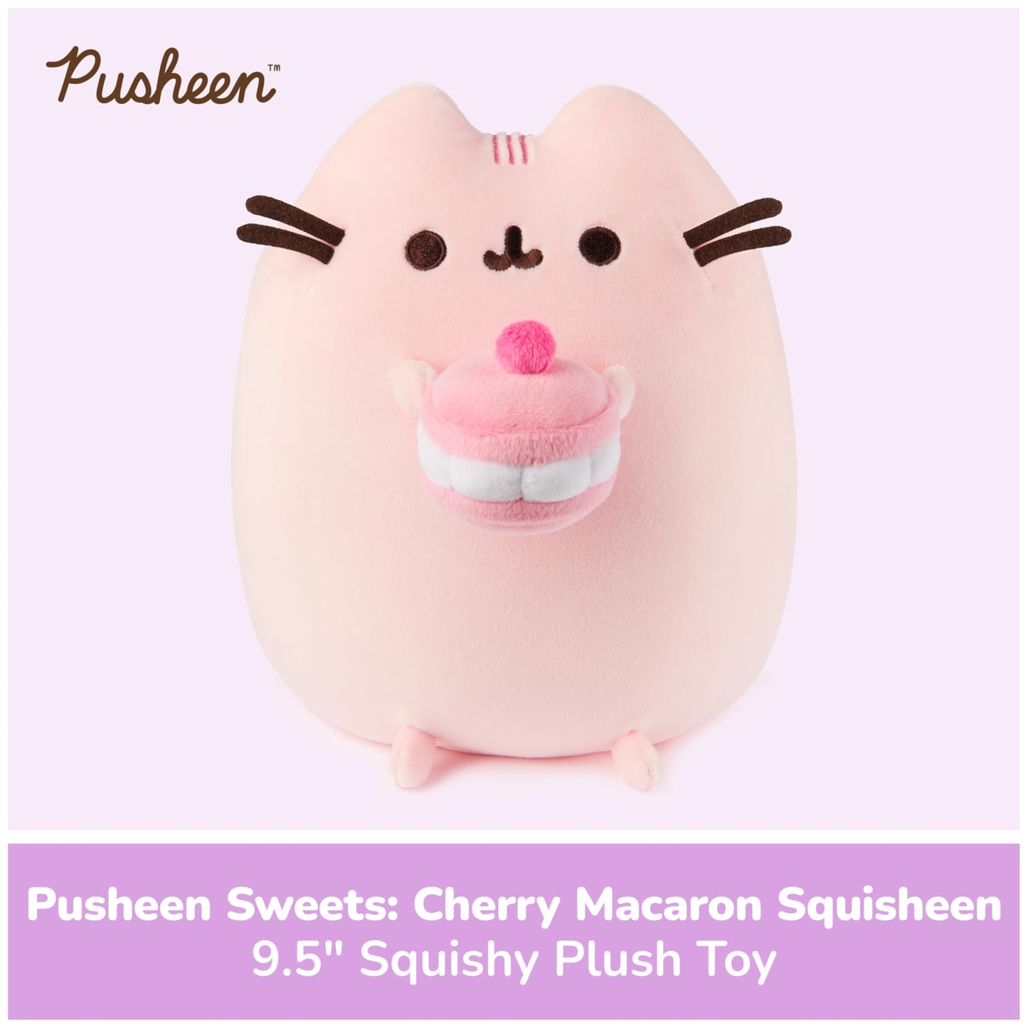 GUND Pusheen Cherry Macaron Squisheen Plush, Squishy Toy, Collectible Dessert Food Toy, Cat Stuffed Animal for Ages 8 and Up, Pink, 9.5”