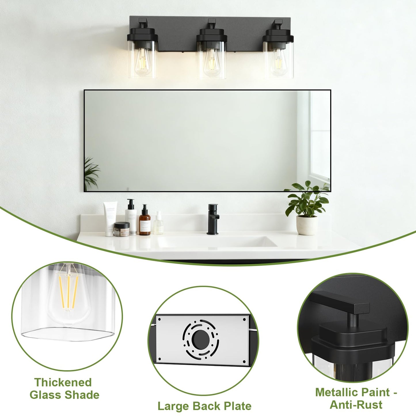 LKHF Black Bathroom Light Fixtures, 3 Lights Bathroom Lighting Fixtures Over Mirror, Square Design & Rectangle Large Backplate, Modern Vanity Lighting Fixtures, for Bathroom/Living Room/Bedroom