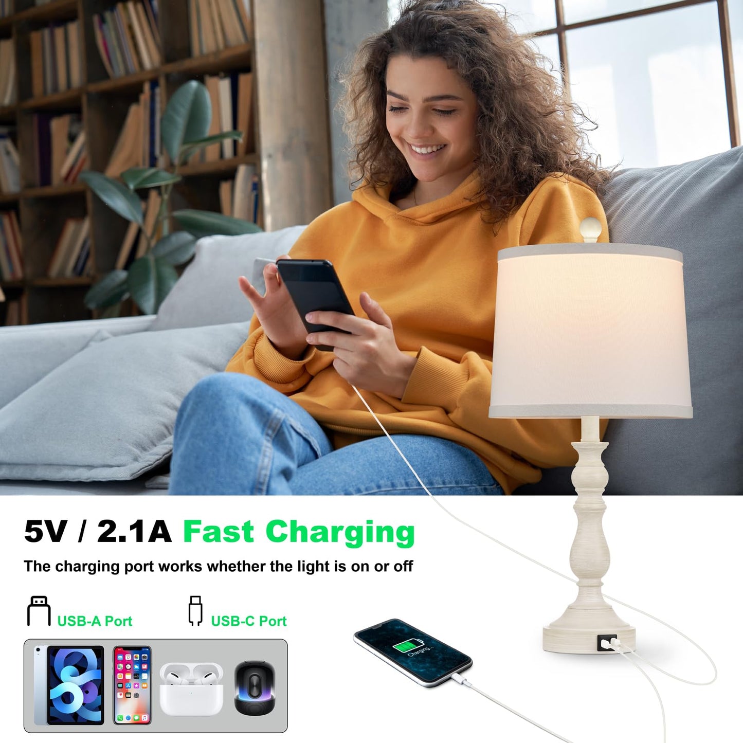 Leasgy 23'' Farmhouse Table Lamps for Living Room Set of 2 with USB C+A Ports, Retro Bedside Lamp for Bedroom, Office, Dining Room, Knob Switch, 3 Color Temperatures, Bulb Included, Beige