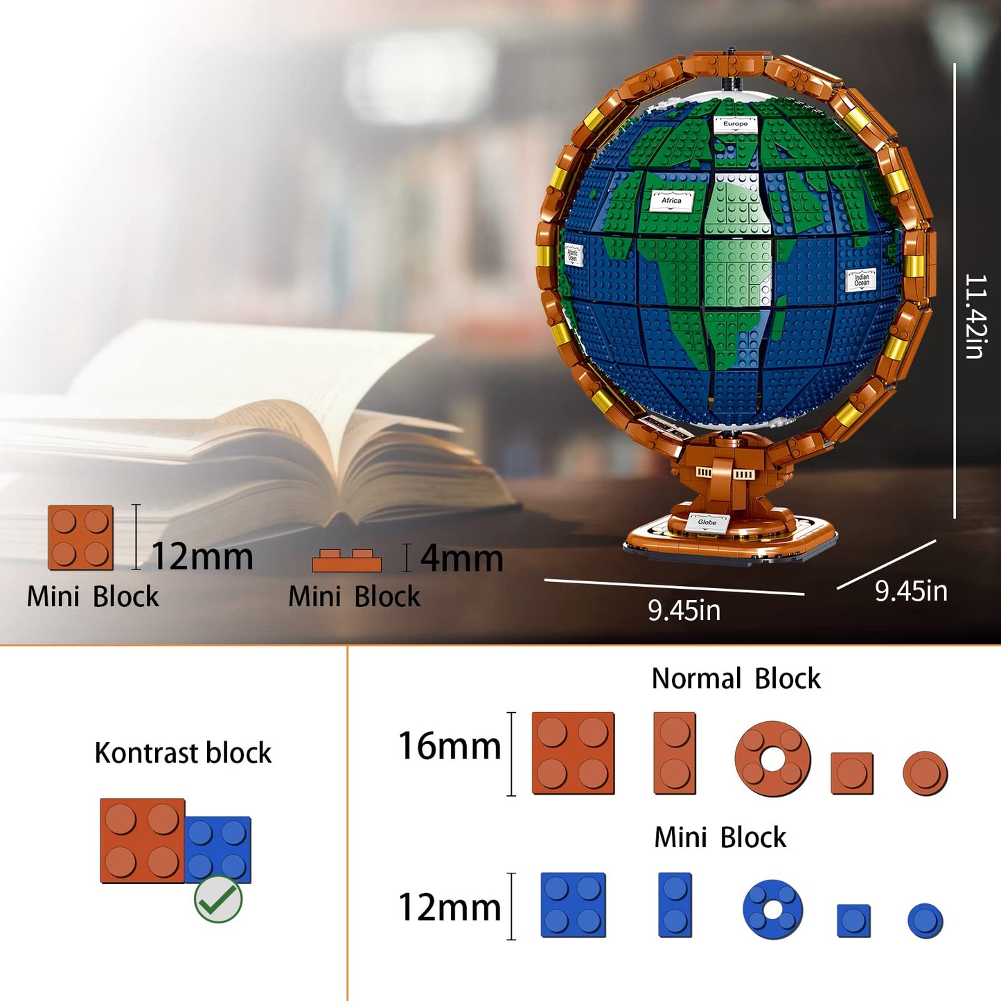 Ideas The Globe Mini Building Set for Adults,2514 Pcs Build Home Decor World map Spinning Globe Gifts for who Love Travel and Geography
