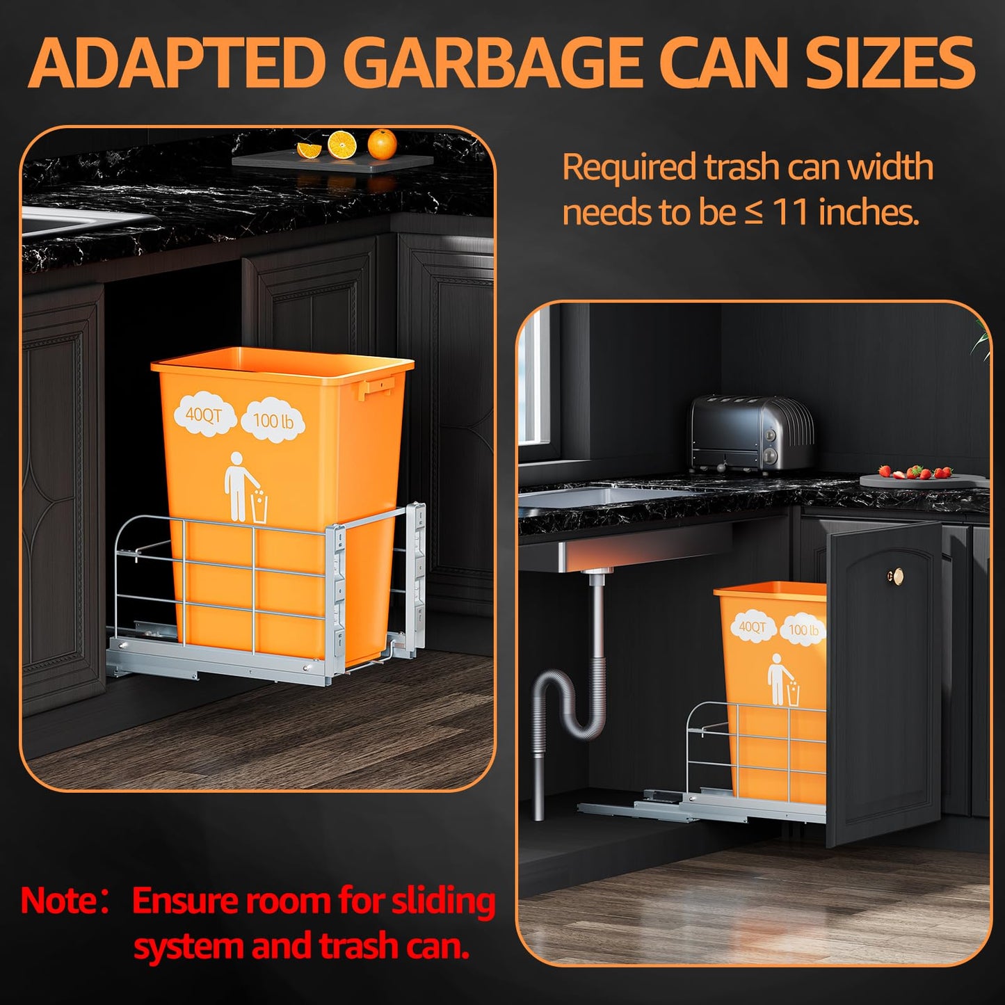 RUNMI Pull Out Trash Can Under Cabinet with Soft-Close Slides,Heavy Duty 40 Qt Under Sink Trash Can for Kitchen,Garbage Can Not Included, Requires Minimum Cabinets Opening 12" W X 17" D