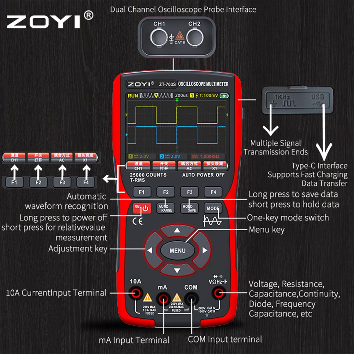 3 in 1 Handheld Oscilloscope Automotive Dual Channel 50MHz with Digital Multimeter and Signal Generator