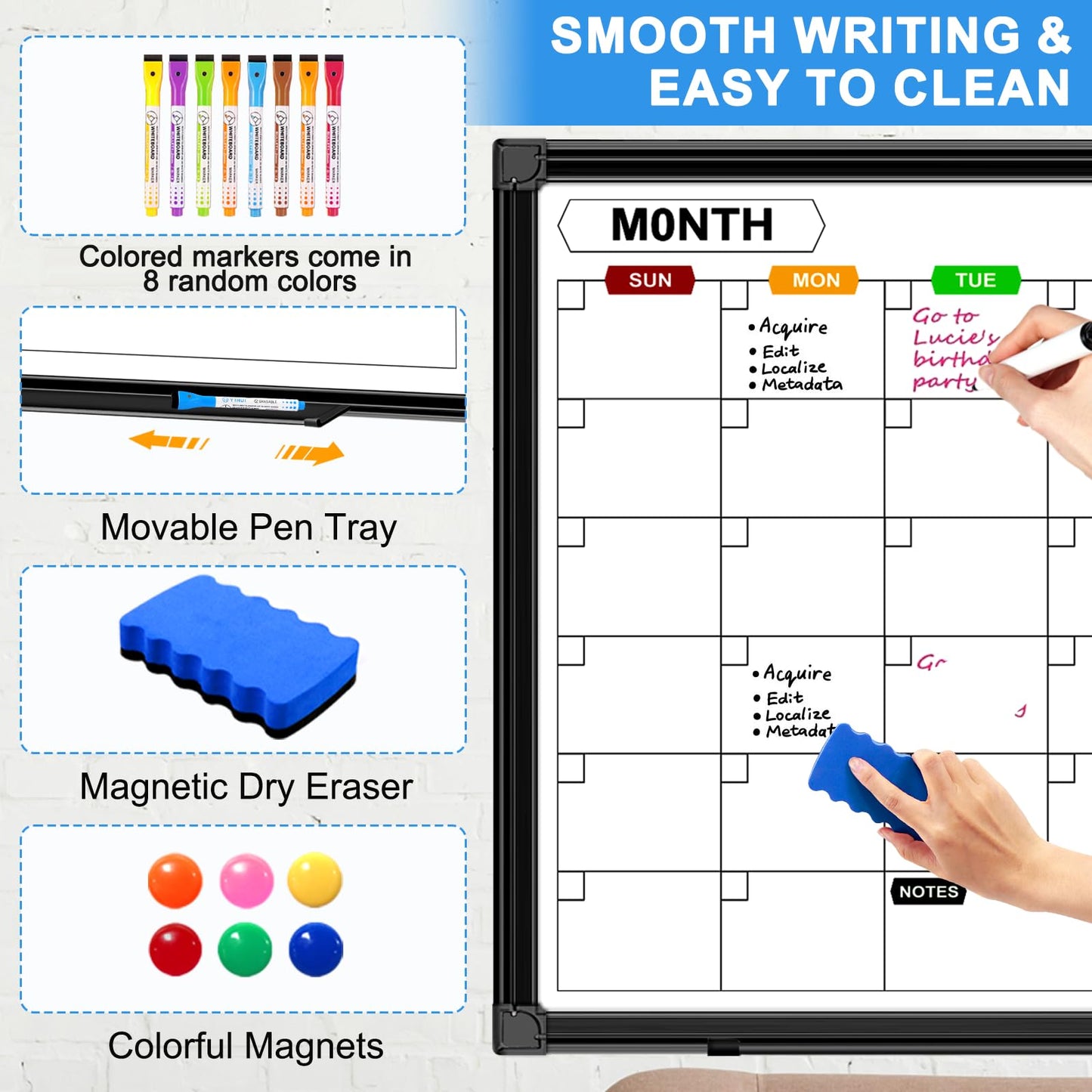 CALENBO Calendar Whiteboard for Wall 24" x 18", Monthly White Board Calendar Dry Erase with Black Aluminum Frame, Dry Erase Board for Office Home and School