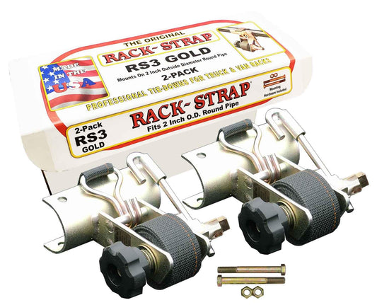 2 Pack, Rack-Strap, The Original American Made Ladder Rack Tie-Downs, Round Mounting Bracket, RS3 Gold 2 Inch Diameter Round Mounting Bracket, Bolt Mounting Hardware Included, 8 Foot Black Strap