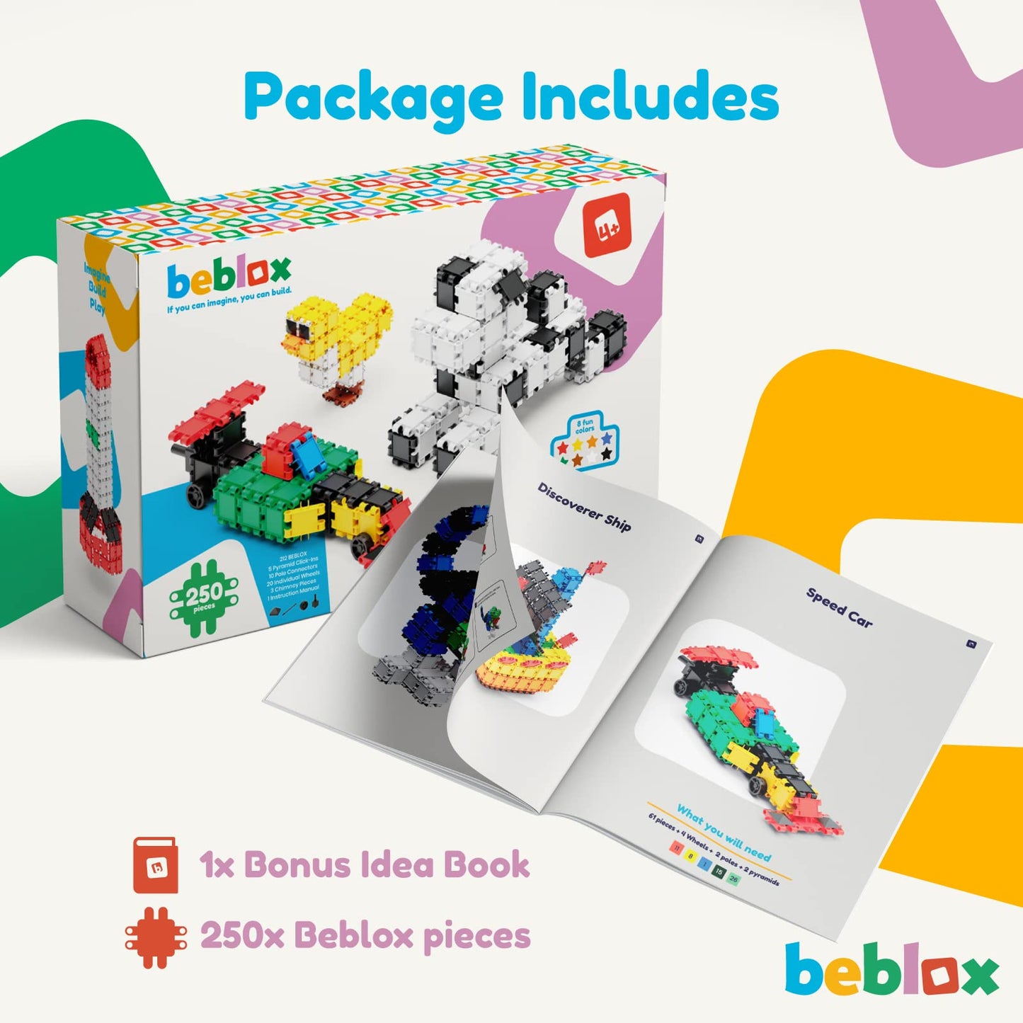 Beblox - Building Blocks for Kids - 250 Pieces Connecting Tiles Set - Interlocking Building Blocks for Kids, STEM Toys Kit, Fun and Educational Gifts for Kids