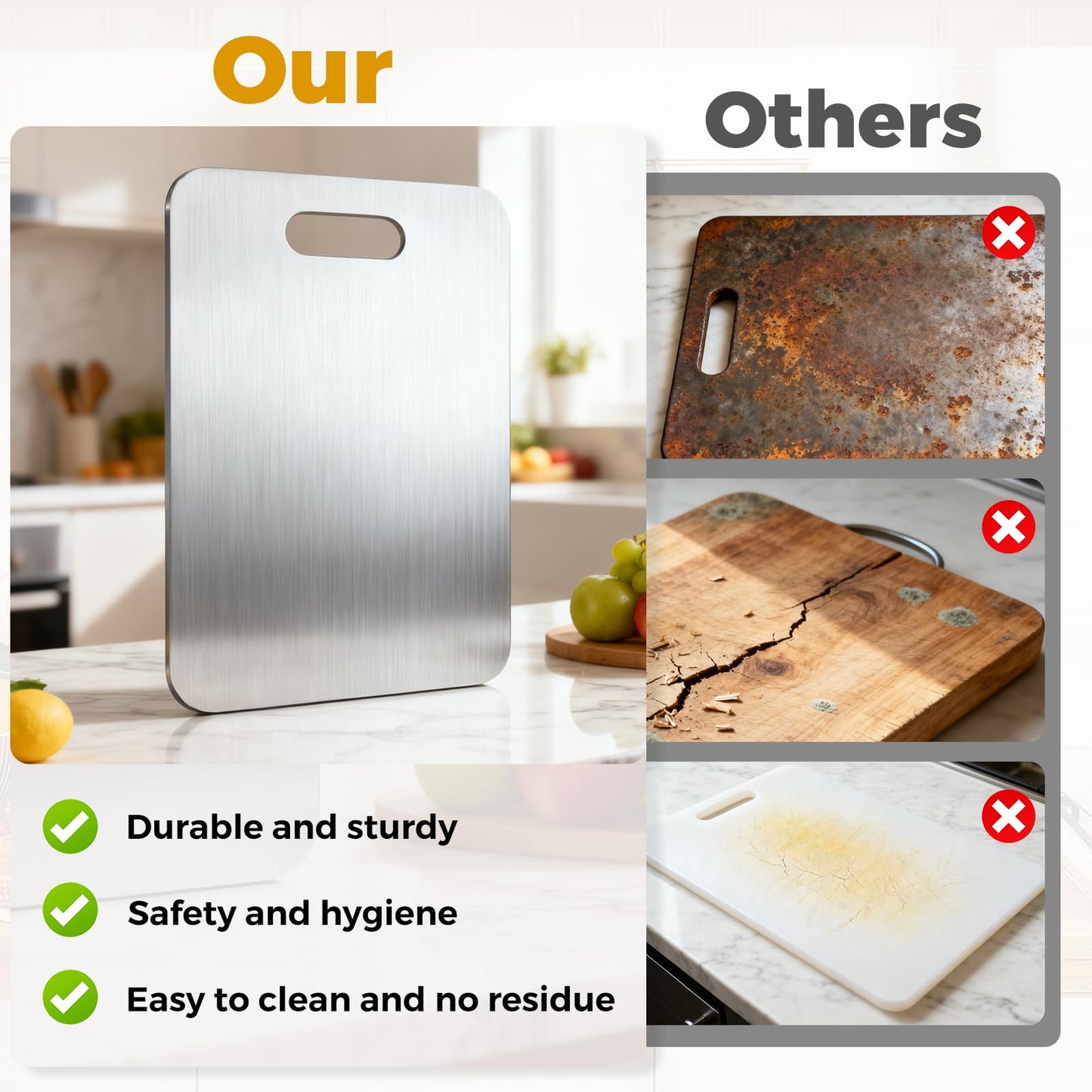 Katori Titanium Cutting Board, 100% Pure Titanium Cutting Boards for Kitchen, Double-side Available Cutting Board for Vegetables, Meat, Fruits, Easy to Store and Clean (M+L)