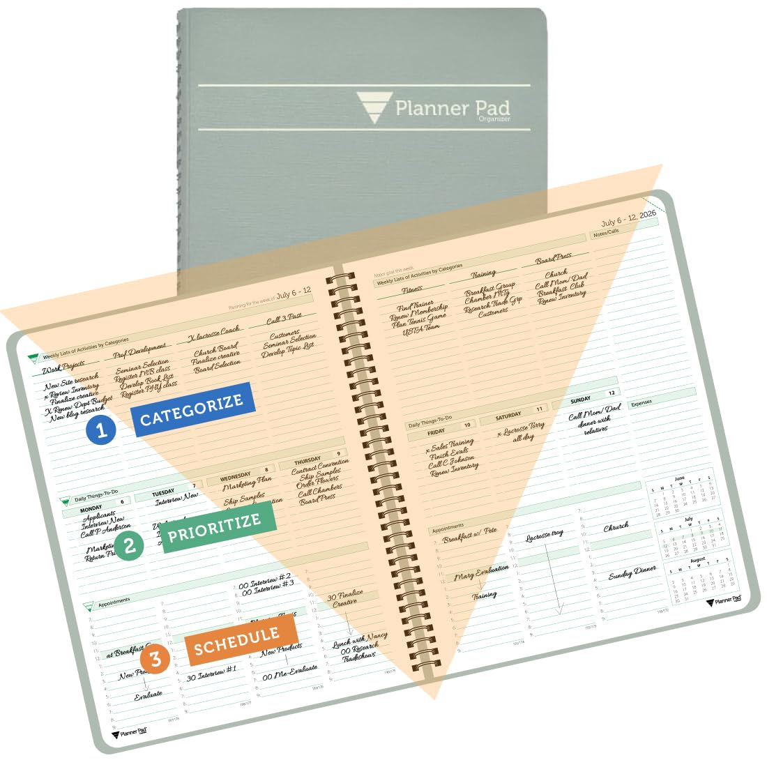 Planner Pad Spiral Bound July 2026 – June 2027 / Academic Year 8 1/2" x 11" 3-Tier Funnel Down 12 Month Large Size Organizer, Greenish Grey Cover/Soft Green Ink