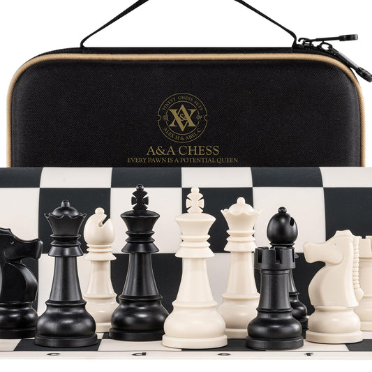 A&A Chess Set - 15''x15'' Foldable Silicone Chessboard and 3.25'' King Height Weighted Plastic Staunton Pieces with Carrying Case for Portable Travel