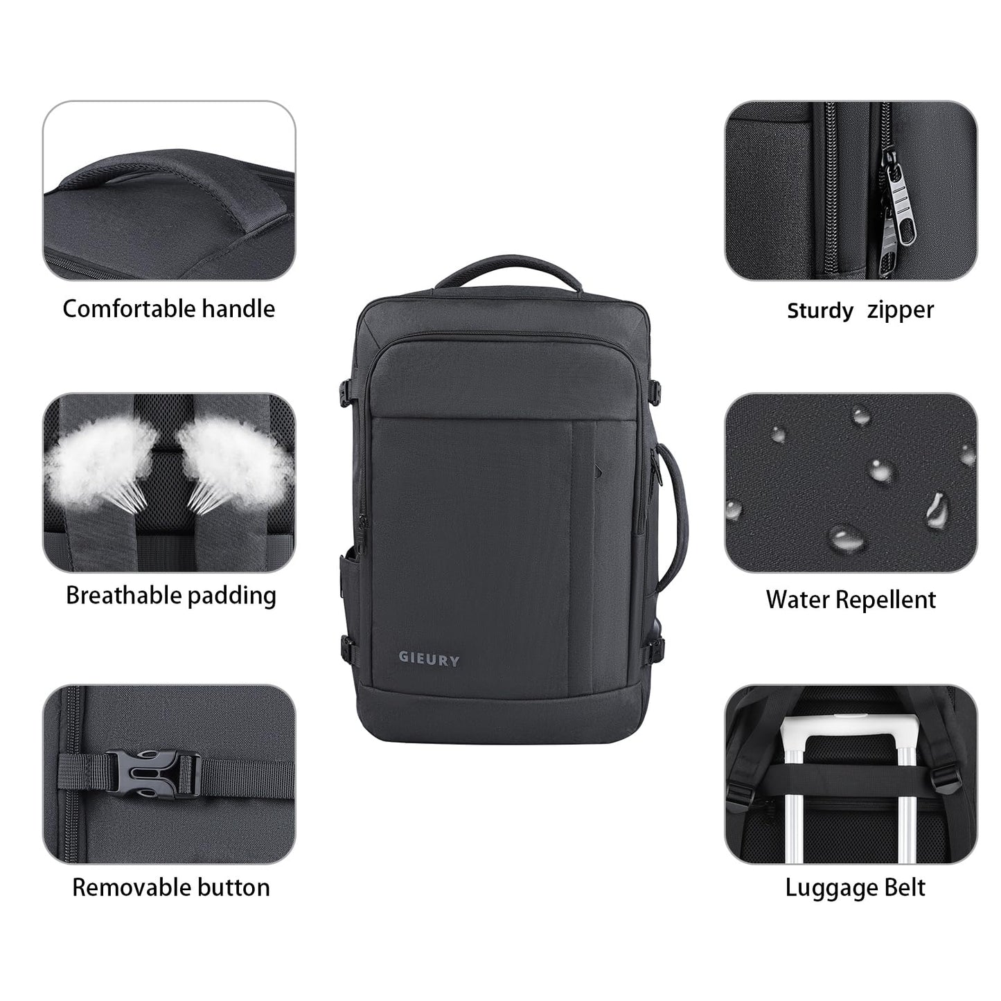 Gieury Carry On Backpack, 50L Travel Backpack, Luggage Backpack TSA Flight Approved Laptop Backpack for Men & Women, Large Expandable Backpack 40L Daypack Lightweight Business Weekender Bag, Black