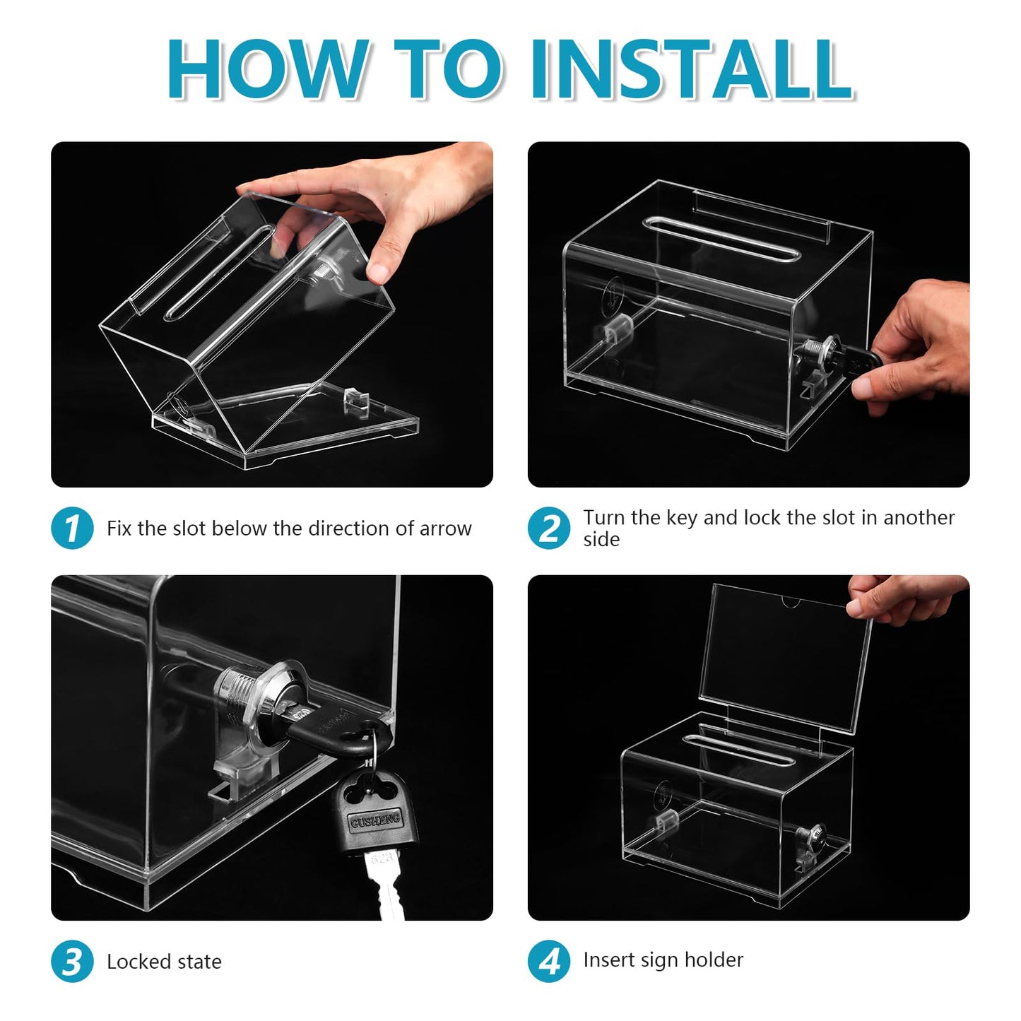 KYODOLED Clear Donation Box for Fundraising, Suggestion Box with Lock and Key, Raffle Box for Tickets with Sign Holder, Tip Jar for Event and Organization, 6.1"x4.3"x3.8", 3PACK(Sign Card Not Contain)
