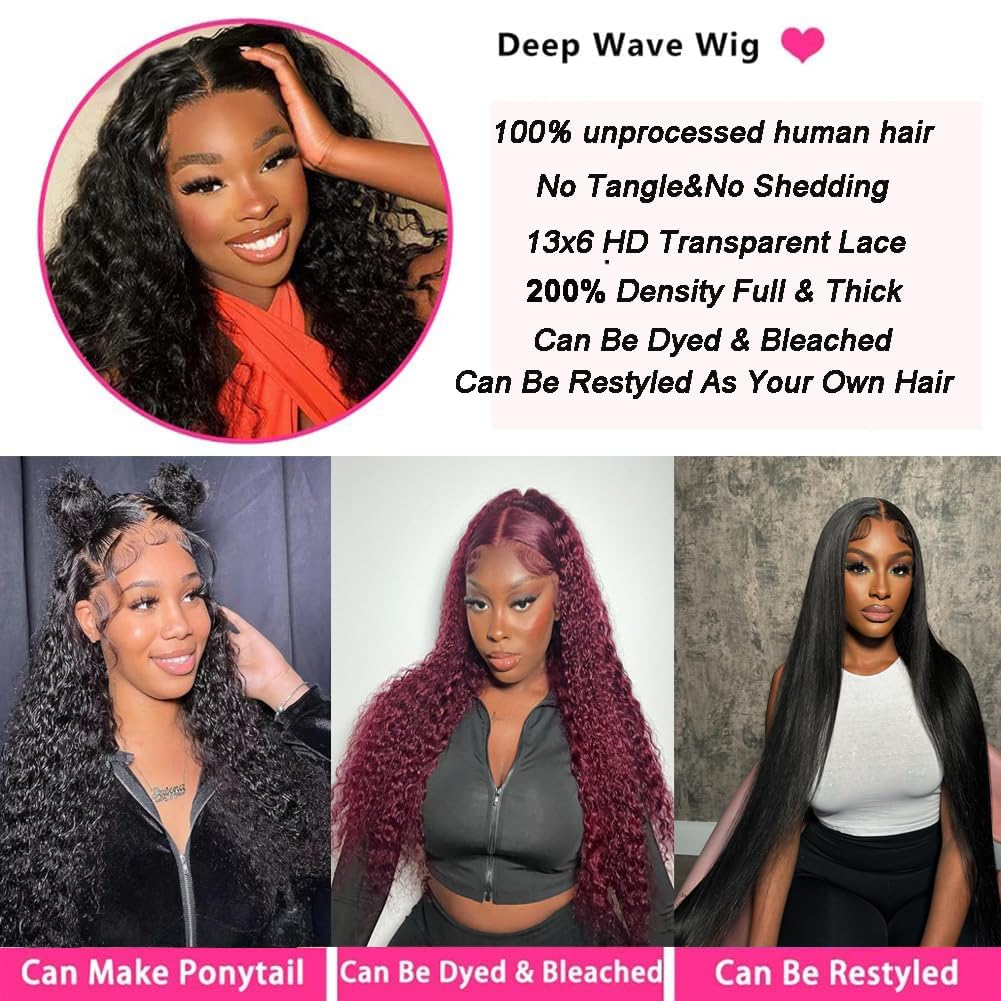 26 Inch 13x6 Deep Wave Lace Front Wigs Human Hair Pre Plucked HD Lace Front Curly Wigs Human Hair 200% Density Glueless Frontal Wigs Human Hair with Baby Hair Curly Wigs for Women Natural Black