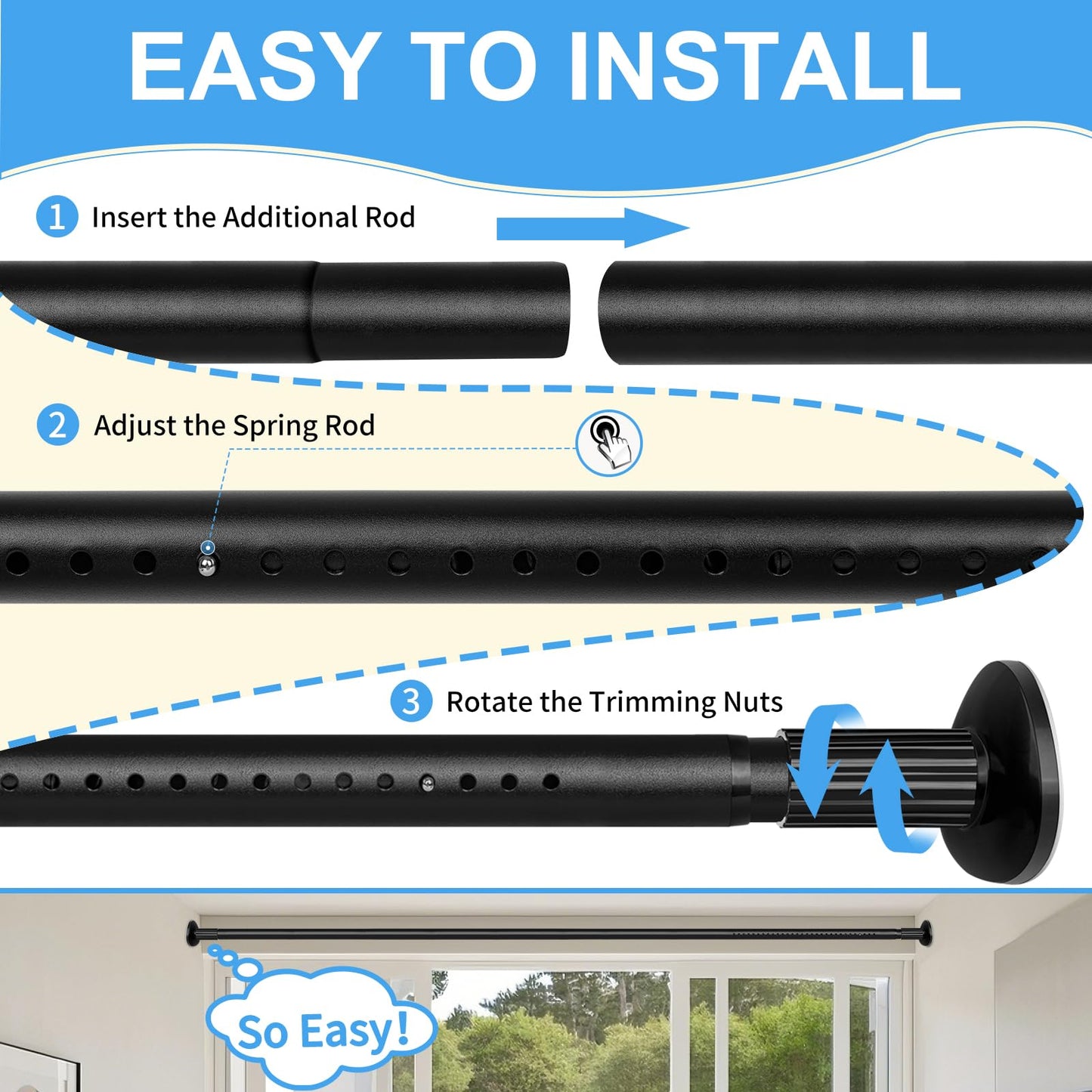 Tension Curtain Rod 51-165 Inch, Extra Long Curtain Rod No Drilling for Window or Bathroom, Outdoor Curtain Rods for Patio, Easy to Install, Never Rust, Rod Diameter 1.26 Inches-Black