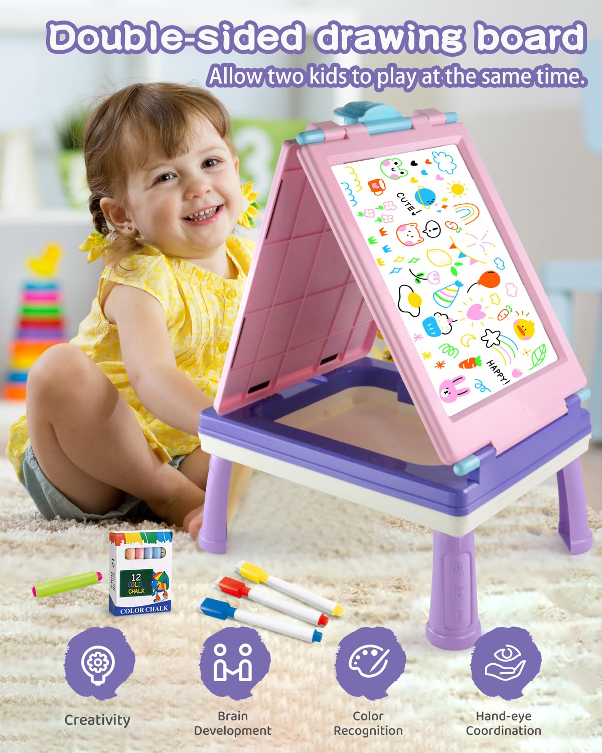 Elovien Easel Kids, 4 in 1 Double Sided Toddler Art Easel with Chalkboard & Magnetic Whiteboard, Foldable Kids Tabletop Easel with Drawing & Writing Supplies - Educational Toy Gift for Girls (Purple)