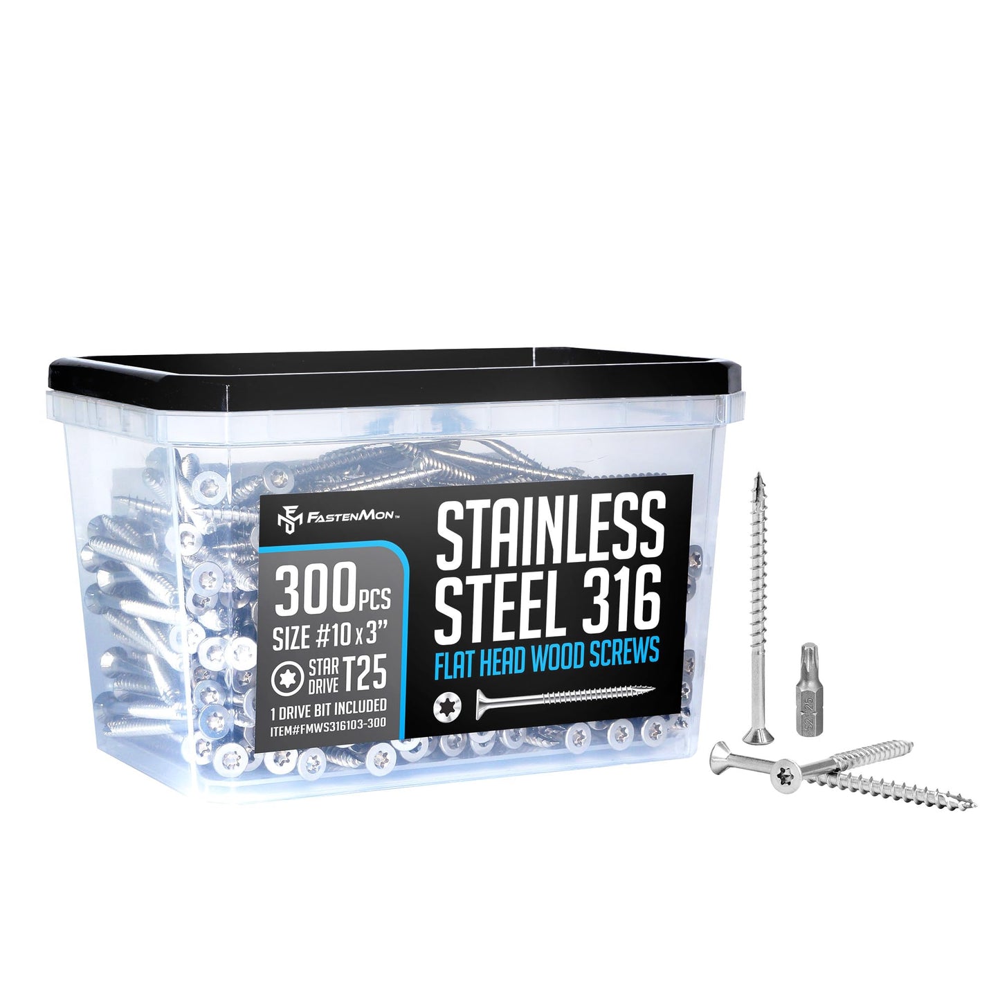 FM FastenMon #10 x 3 Marine Grade Type 316 Stainless Steel Wood Screws - 300 Pack with T25 Bit – Torx Flat Head Type 17 Point Ideal for Decks, Fences, and Coastal Construction