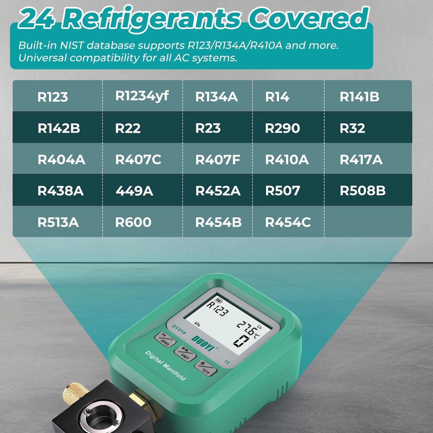DUOYI DY519 3-in-1 HVAC Digital Manifold Gauge Refrigerant Charging, Vacuum Testing & Leak Detection 24 Refrigerant NIST Compatible High Precision Pressure Meter for AC Pros & DIYers