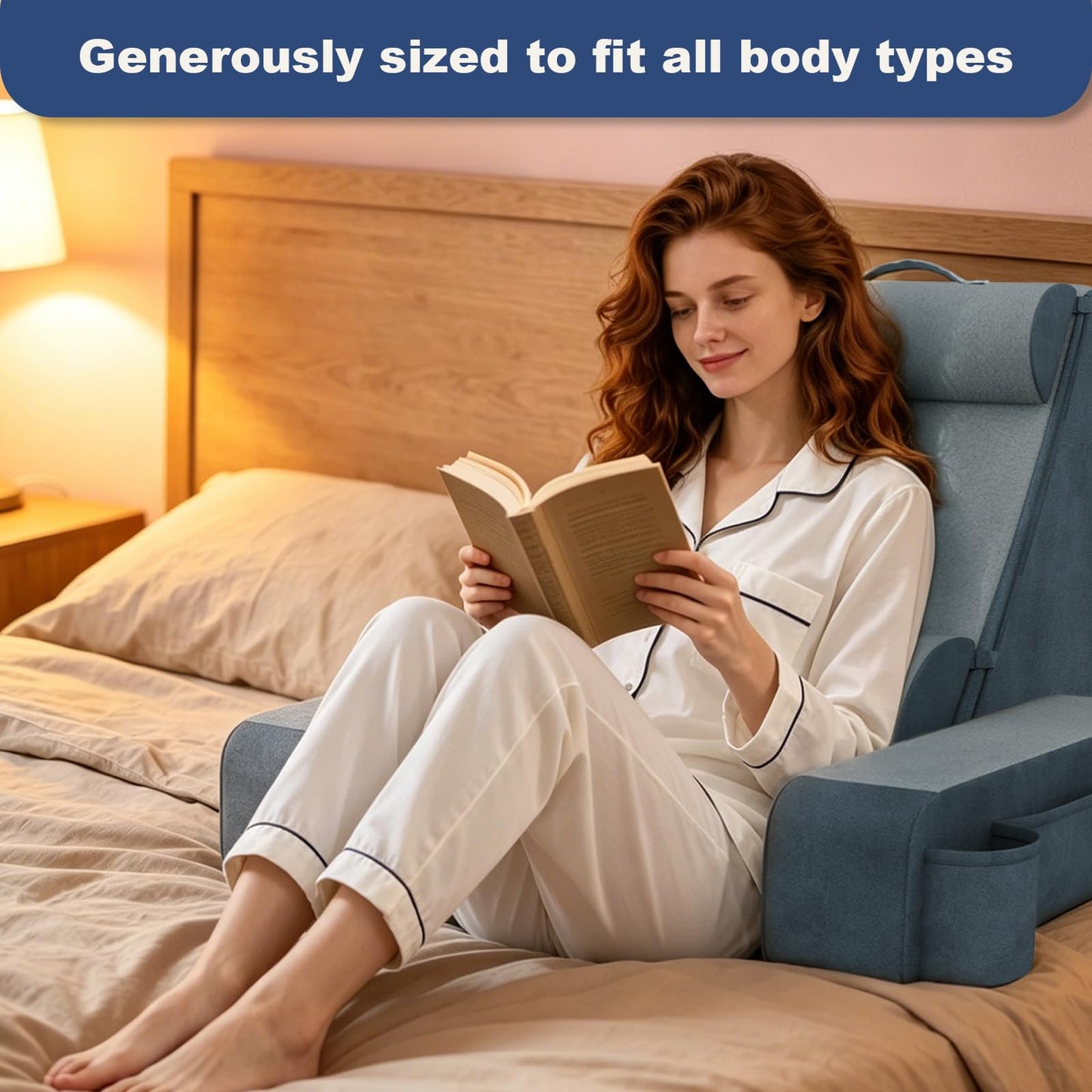 Reading Pillow, Back Pillow for Bed with Adjustable Headrest & Independent Lumbar Support, Detachable Armrest Sit Up Pillow for Bed, Dual Side Storage Pockets for Reading Gaming Nurs Sofa (Basic)