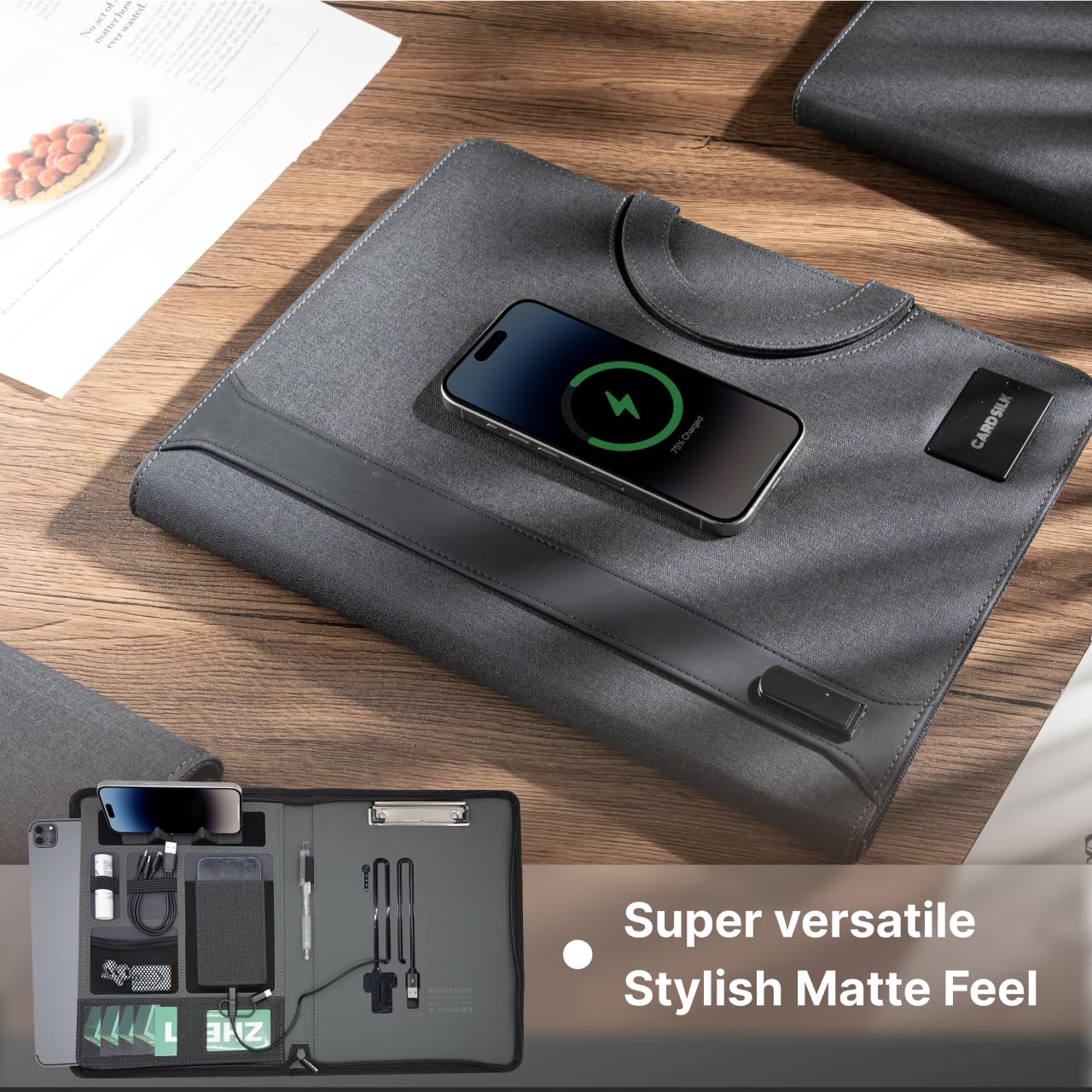 CARDSILK, Zipper Padfolio, Portfolio Binder Organizer with 8000mAh Power Bank, Portfolio for Resume, Documents, Phone, Tablet, Business Supplies, Notebook Organizer with Wireless Charging