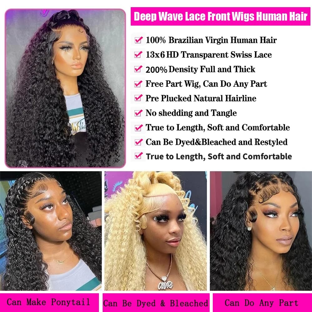 JTMMP 13x6 Deep Wave Lace Front Wigs Human Hair 200% Density 26 Inch Curly Human Hair Wig for Women Natural Black HD Transparent Lace Glueless Frontal Wigs Human Hair Pre Plucked with Baby Hair