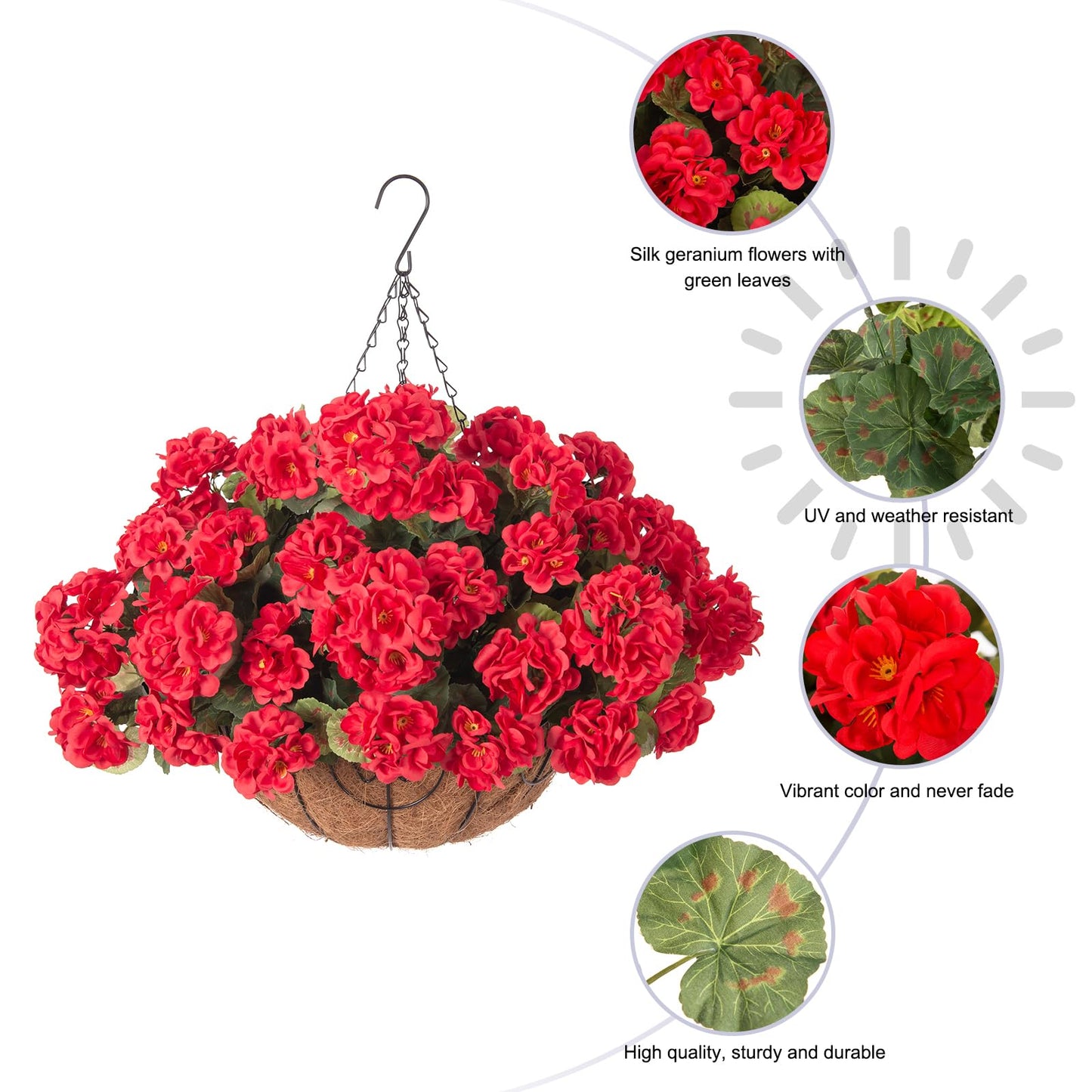 INSPRING Geraniums Artificial Flowers Hanging Basket for Outdoors Outside Spring Decoration, 8 Bundles Silk Flowers Fake Plants Look Real UV Resistant for Porch Home Patio Balcony Yard, Red