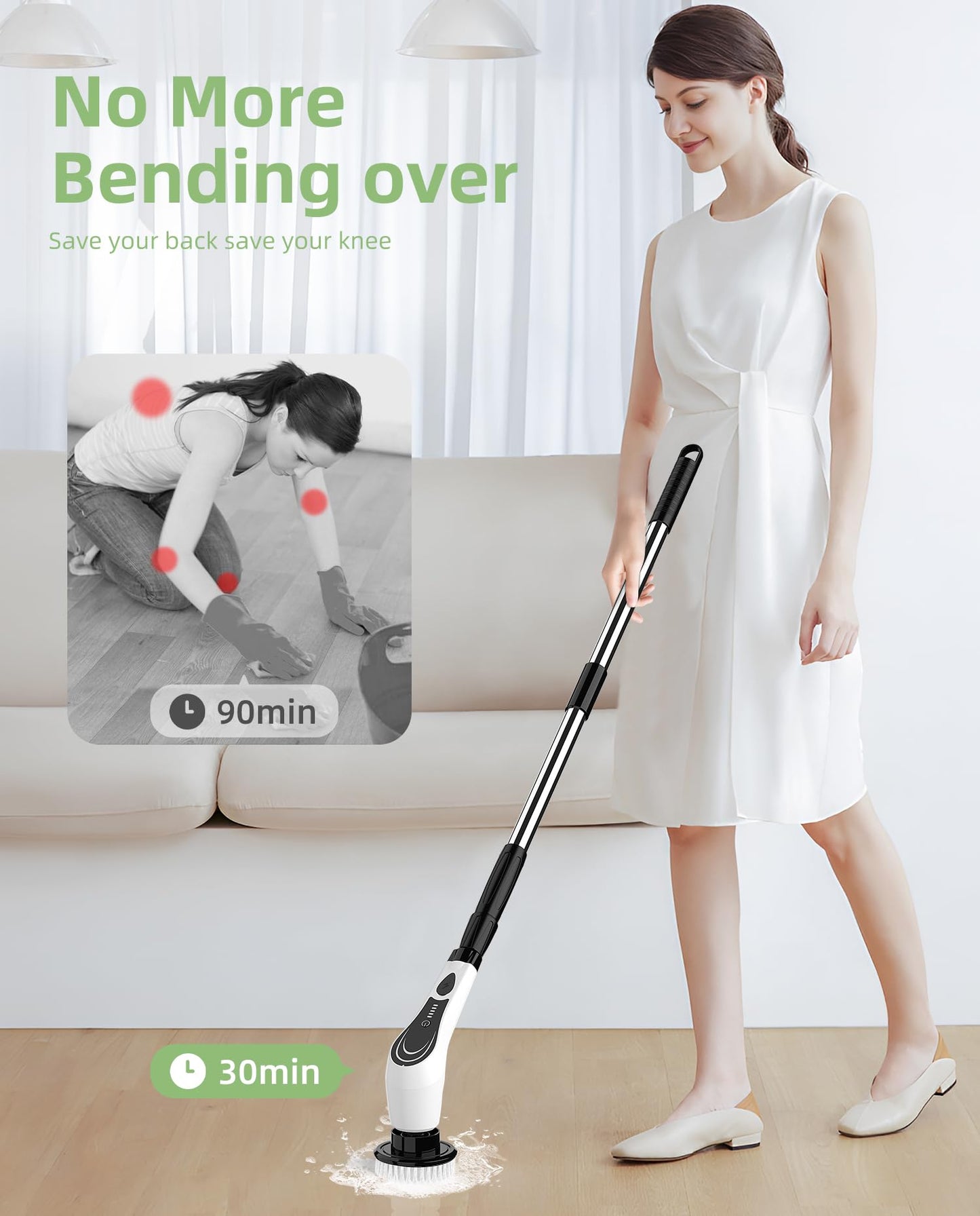Lichffy Electric Spin Scrubber, Cordless Floor Scrubber Machine with 6 Cleaning Pads & Telescopic Handle, Bathroom Scrubber for Cleaning Tile Grout Tub Shower Floor Window Carpet, White-qe1...