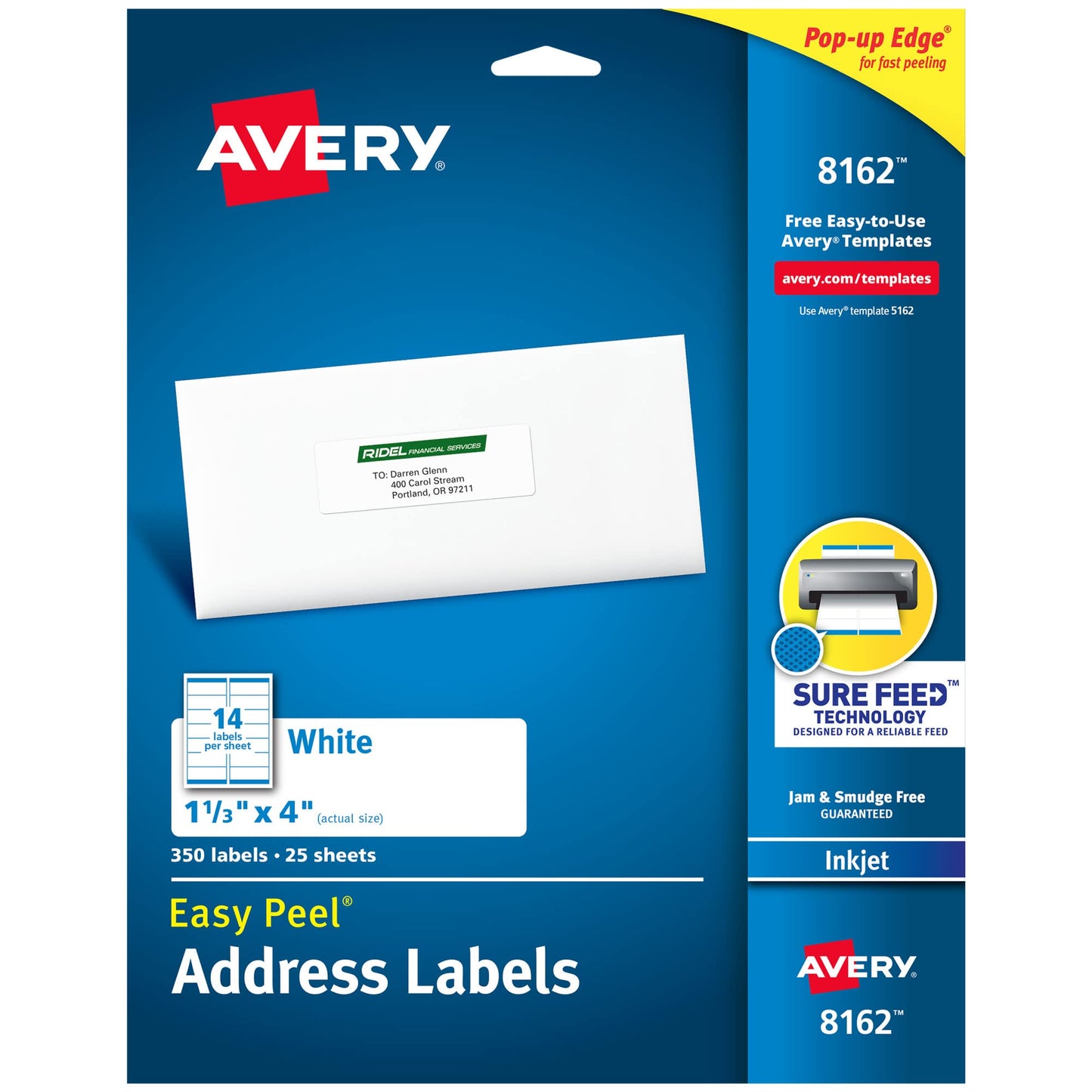 Avery Mailing Address Labels, Inkjet Printers, 350 Labels, 1-1/3 x 4, Permanent Adhesive, 5 Packs (8162)