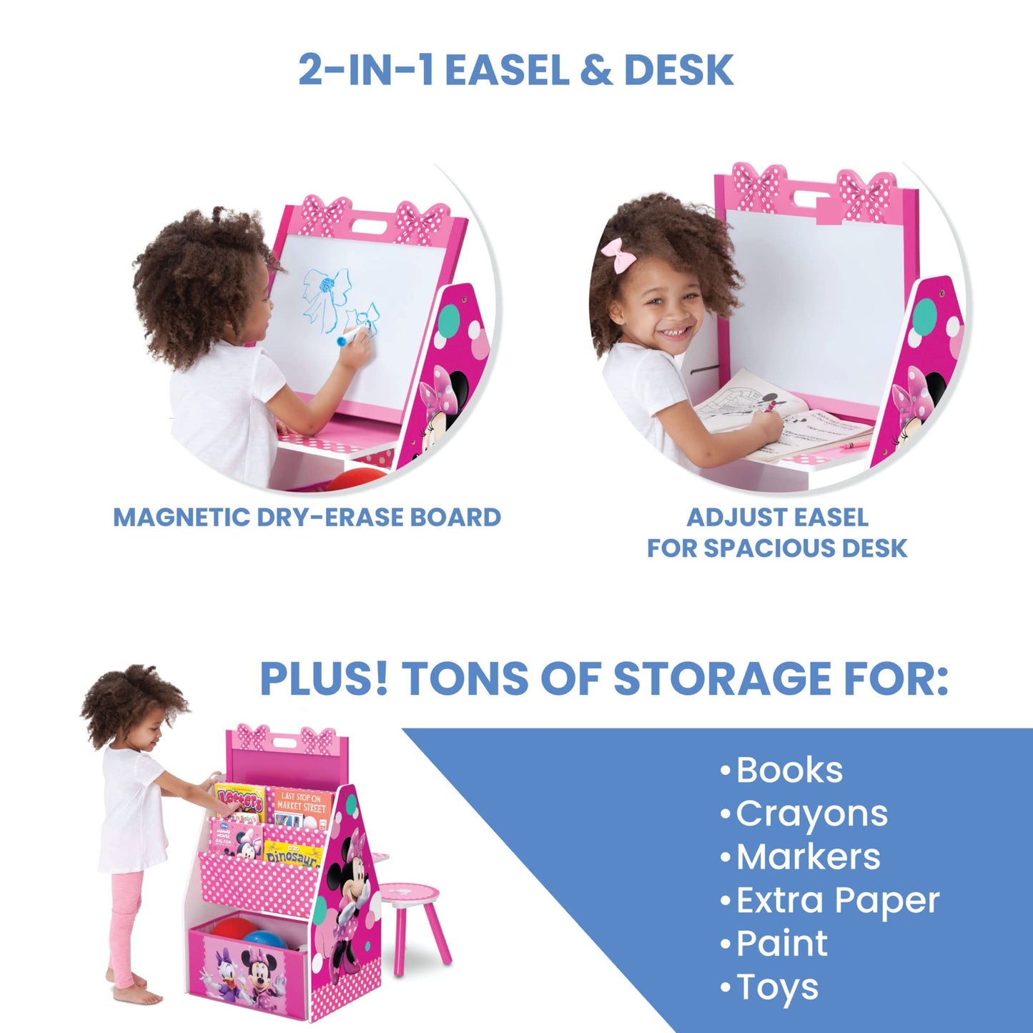 Delta Children Deluxe Kids Art Easel Desk Stool Toy Table Organizer, Disney Minnie Mouse