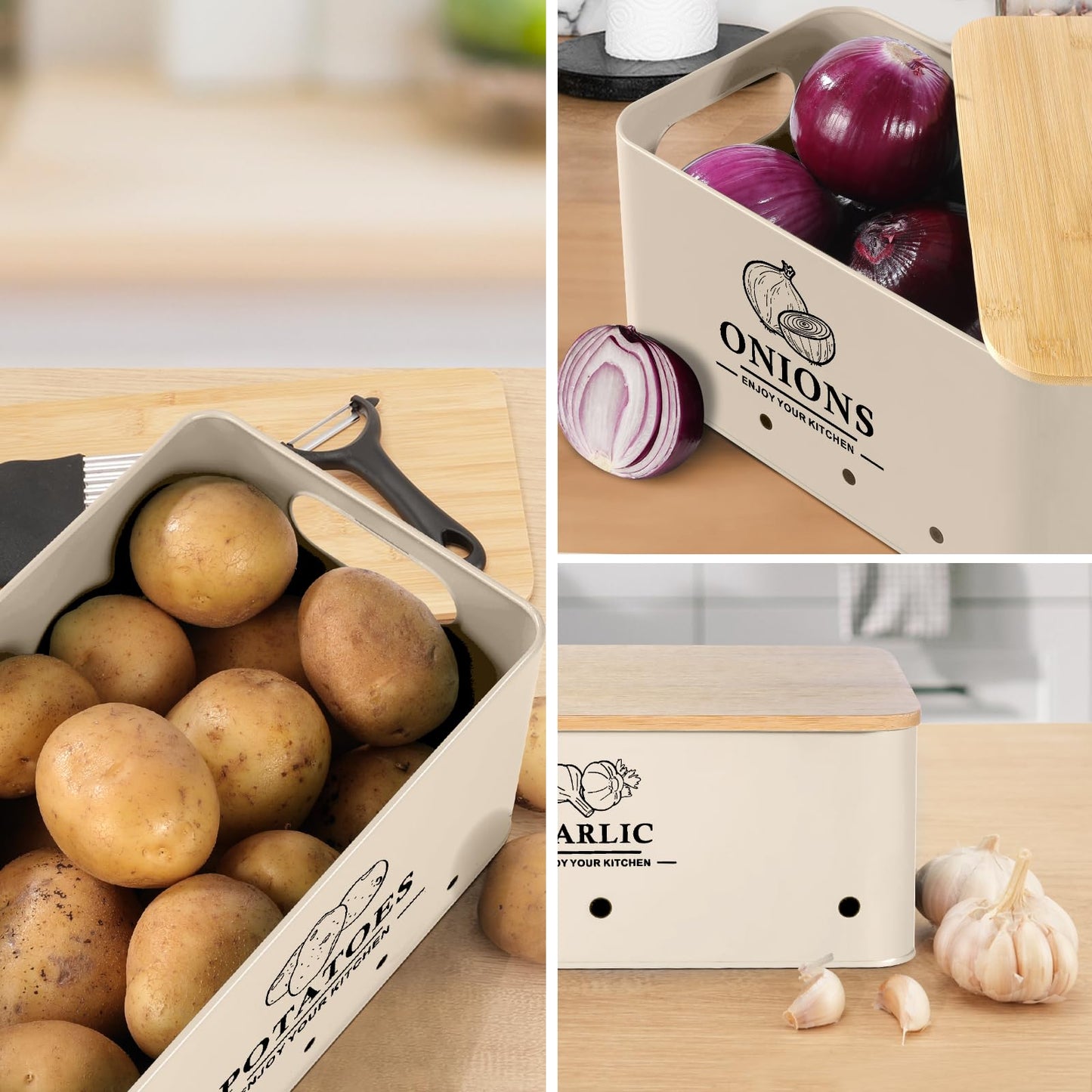 Dekosilave Kitchen Vegetable Storage Set of 3, Metal Onion Garlic Potato Storage Set, Kitchen Canisters Vegetable Keeper Containers with Aerating Holes and Wooden Lid (Beige)