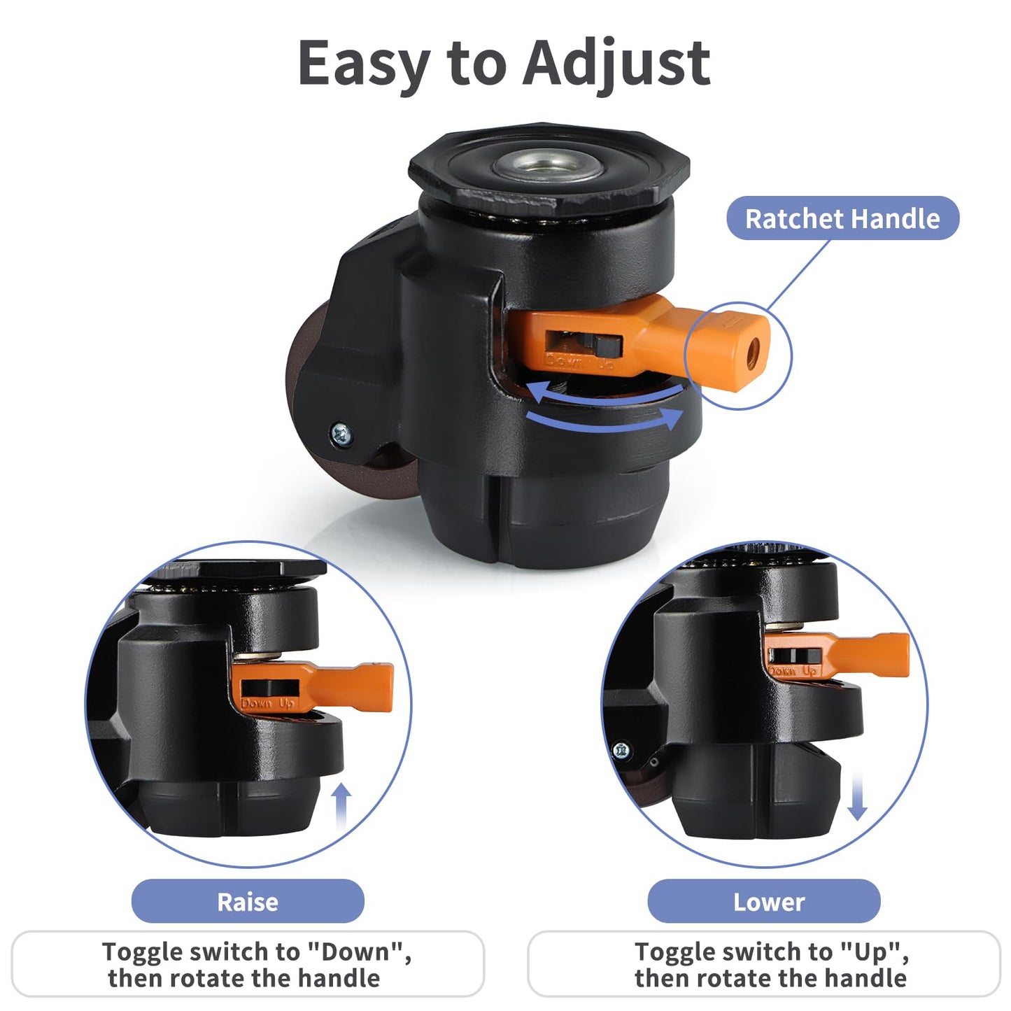 MOLIGOU Leveling Stem Casters, Retractable Leveling Casters with Ratchet Handle, Heavy Duty Workbench Casters, Total Load Capacity 2200 Lbs, 4 Pack