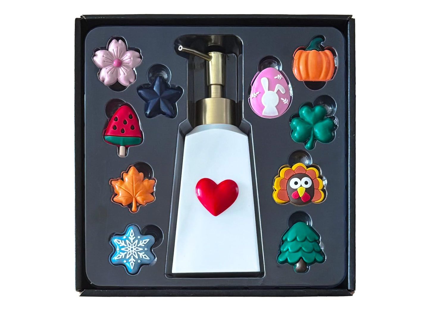Nestriculus Seasonal Soap Dispenser with 11 Interchangeable Magnets - Seasonal Decor - Farmhouse Bathroom Kitchen Decor (Resin,Built in Magnet) - 8.82oz (Gold)