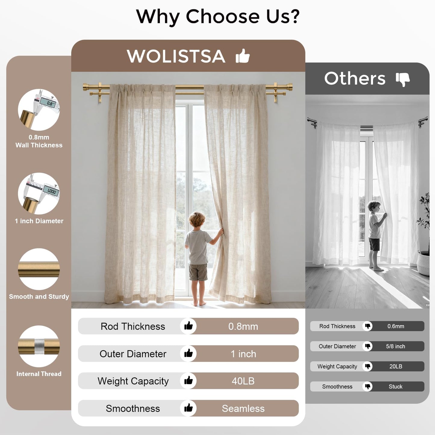 Wolistsa Brass Double Curtain Rod, Warm Gold Extra Long Dual Curtain Rods for Windows 36 to 153 Inch, 1 Inch Adjustable Heavy Duty Spliced Double Rod, Pro-Plating Process, Aluminium Finials