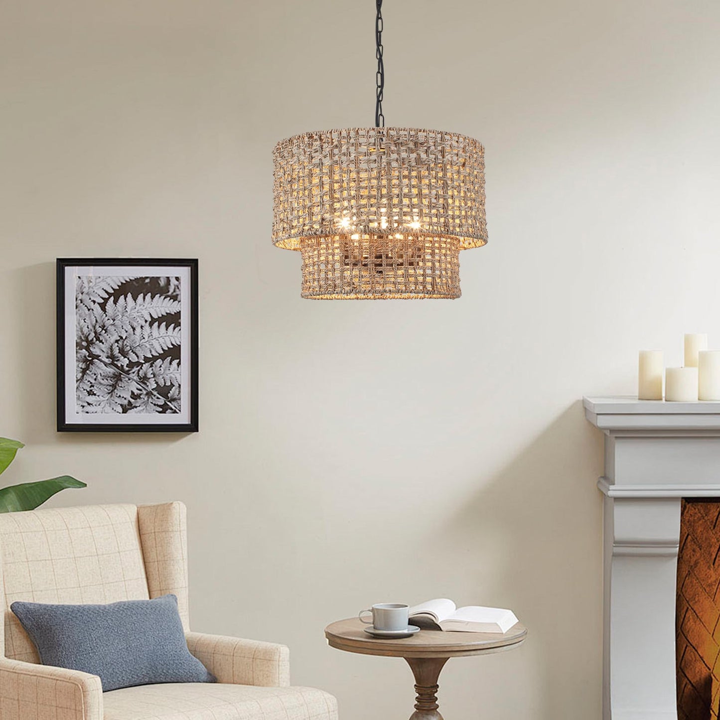 18.9" Rattan Farmhouse Chandelier 5-Light Large Boho Wicker Pendant Light Fixtures Hanging Coastal Drum Lighting Hand 2 Tier Woven Chandeliers for Living Room Dining Room Kitchen Island Foyer Entryway