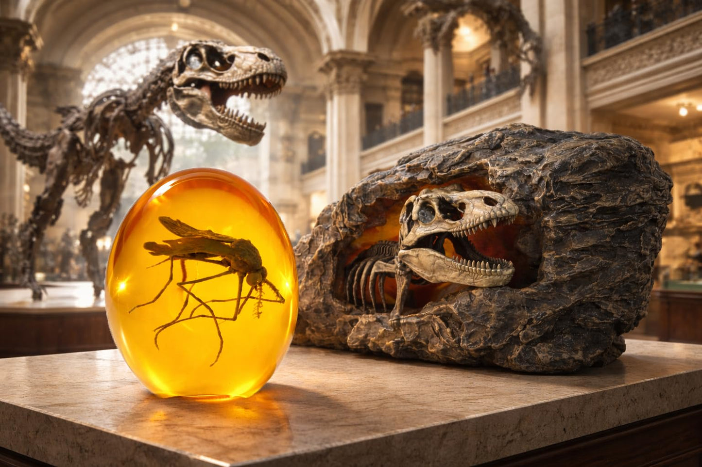 VEOJEIN 3D Mosquito in Amber & Jurassic Cave Fossil Dinosaur Skeleton Collectible Sculpture Resin Model Unique Prehistoric Era Paperweight and Decor Replica Science Gift