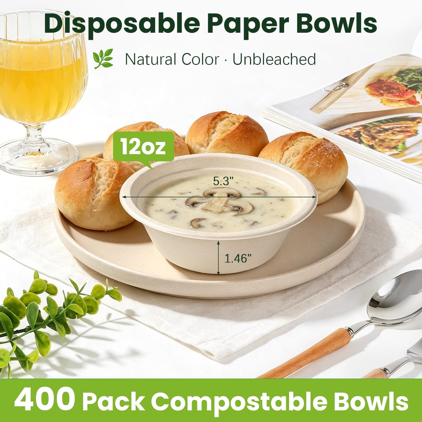 Lzerking 12oz Paper Bowls, 400 Pack - Disposable Compostable Bowls for Parties, Desserts | Microwave & Freezer Safe